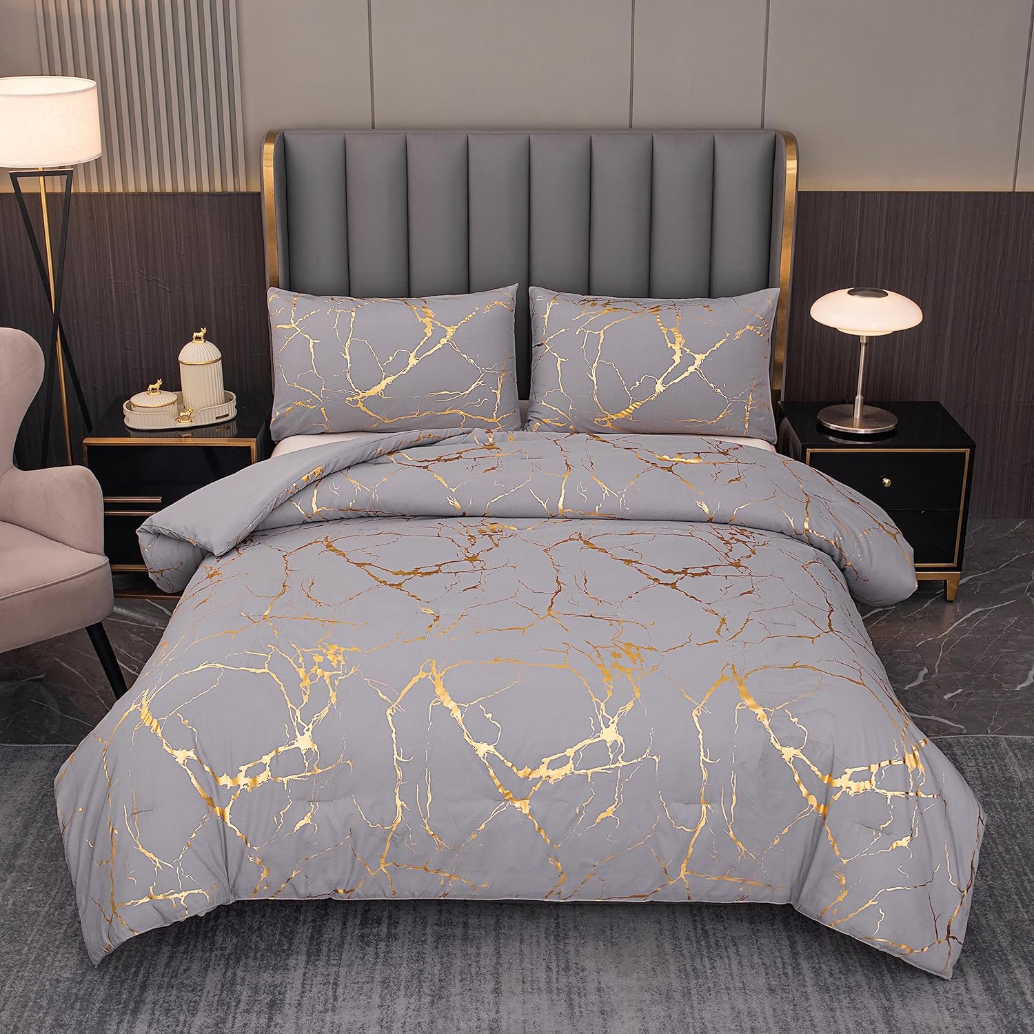 MWMWMW Grey Comforter Set King, Marbling Gold Glitter