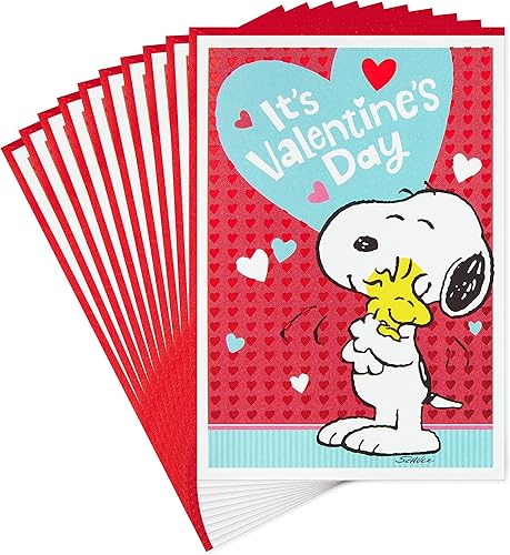 Hallmark Peanuts - Paquete de tarjetas para el día de San Valentín Snoopy y Woodstock 10 tarjetas para el día de San Valentín con sobres