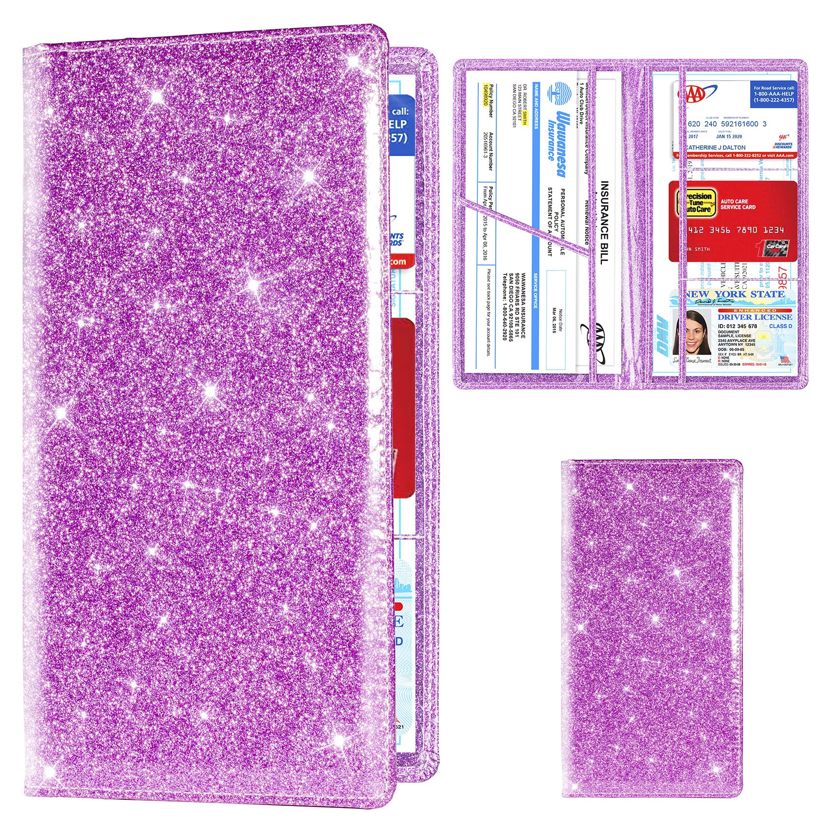 TOURSUIT Car Registration and Insurance Card Holder, Vehicle License Document Glove Box Compartment Organizer, Interior Car Accessories for Women Men (Glitter Purple)