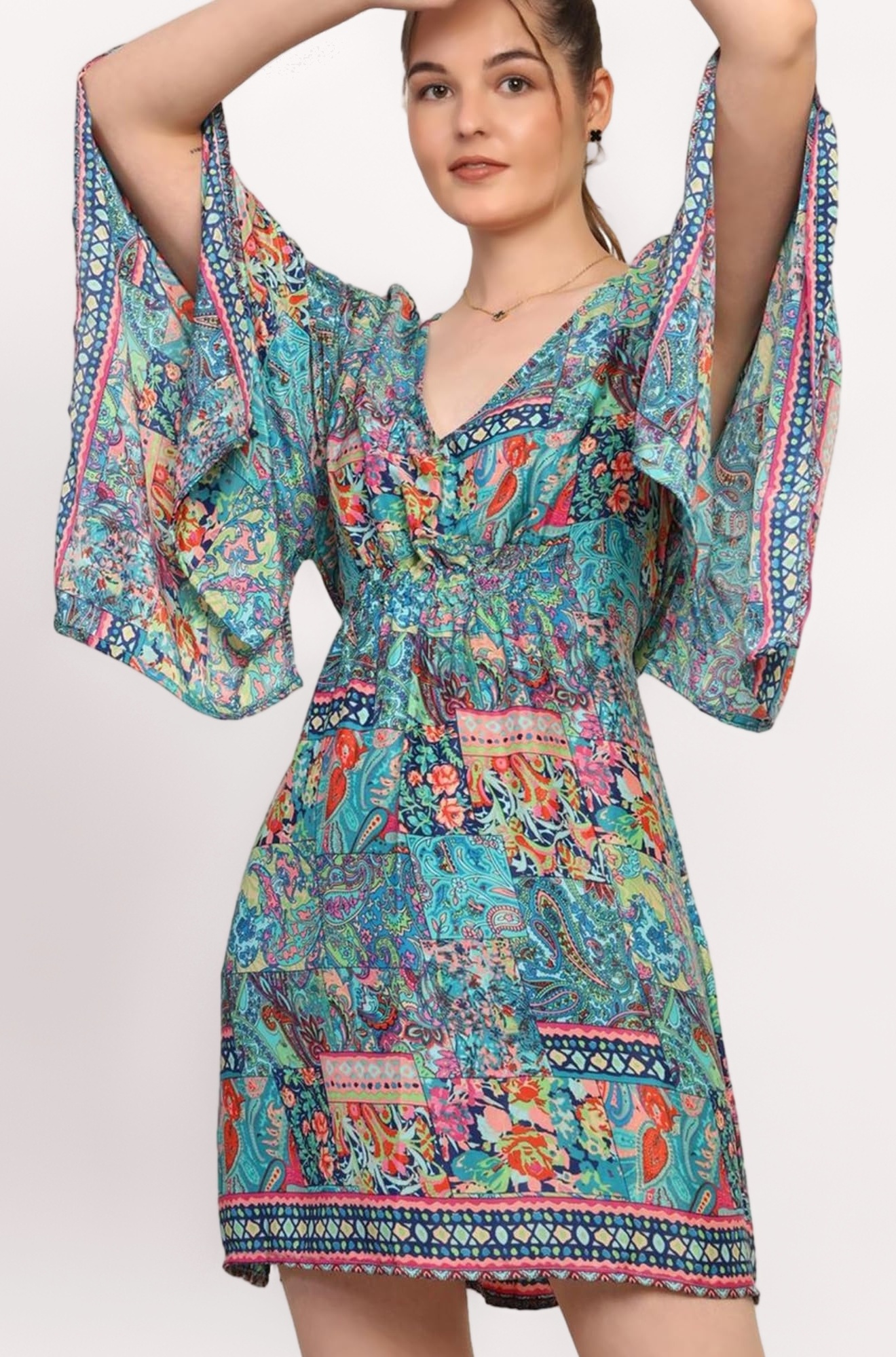 KE KANHA EXPORTS Dress for Women Short Boho Beach Western|V Neck Bell Sleeves One Piece Printed Dress Soft Silky Fabric Free Size Fits S-M-L