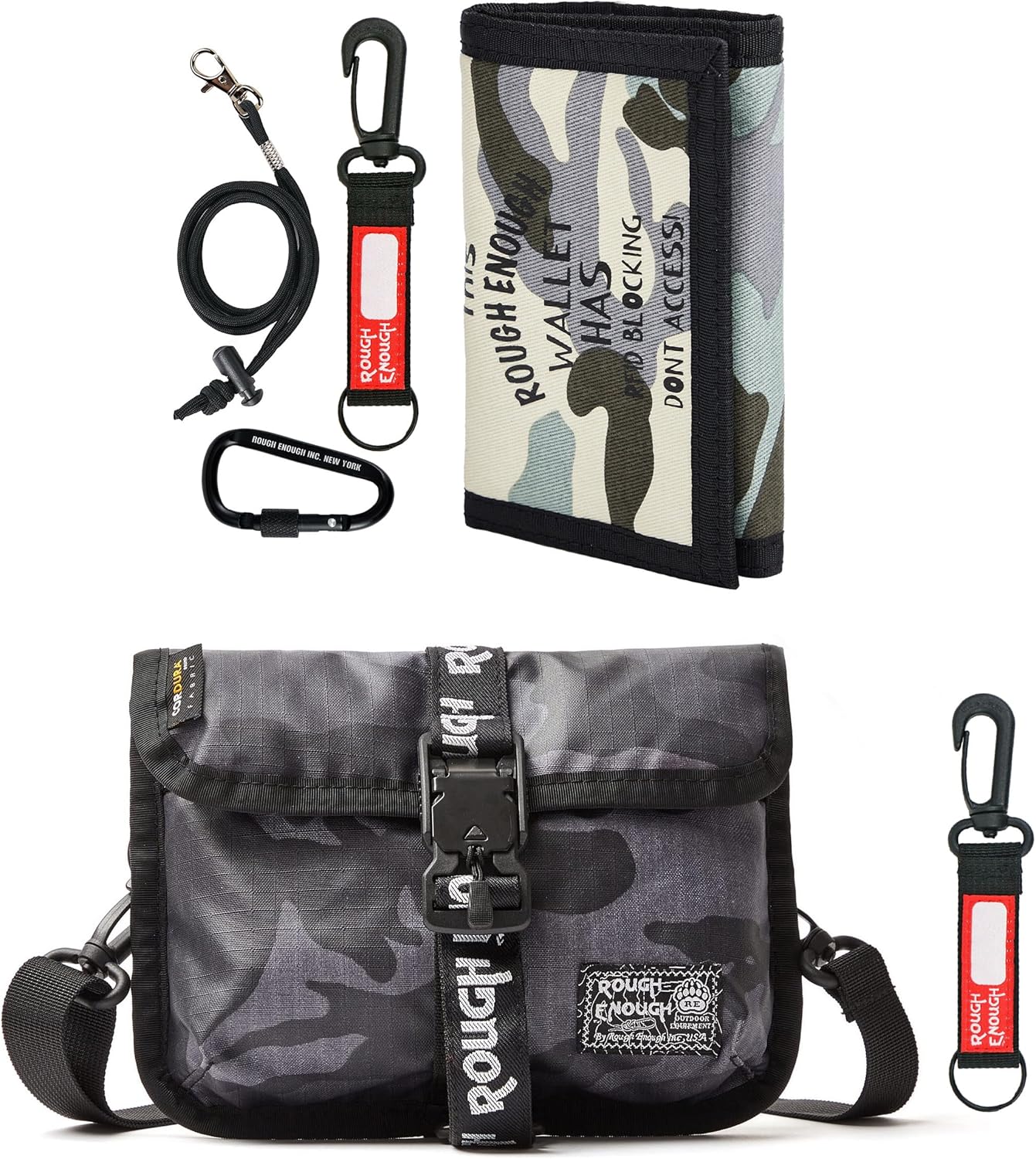 Rough Enough RFID Blocking Kids Wallet with Lanyard and Camo Crossbody Sling Bag for Boys, Teens, and Young Men