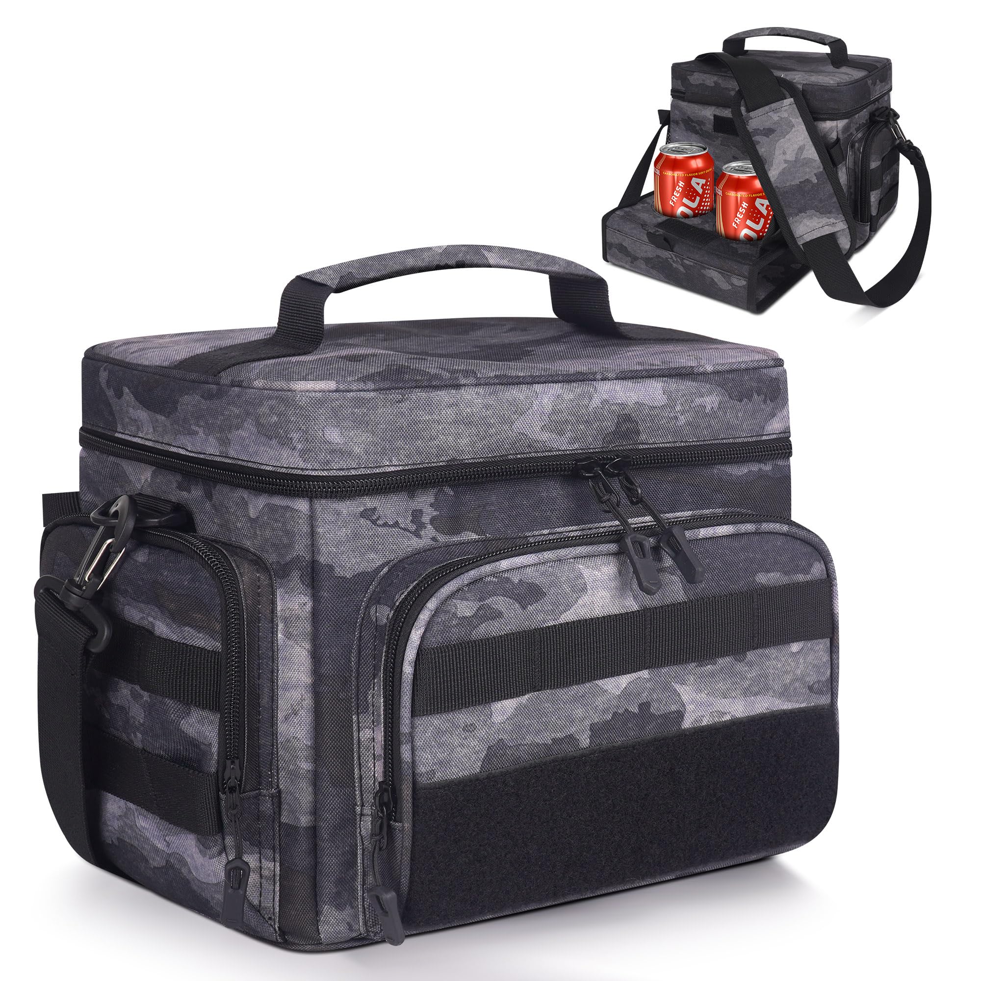 Lunch Box for Men & Women, 12L Tactical Lunch Bag for Men, Insulated Leakproof Cooler Bag with MOLLE Webbing for Work, Fishing, Camping, Picnic, Beach, Travel, Camo Black