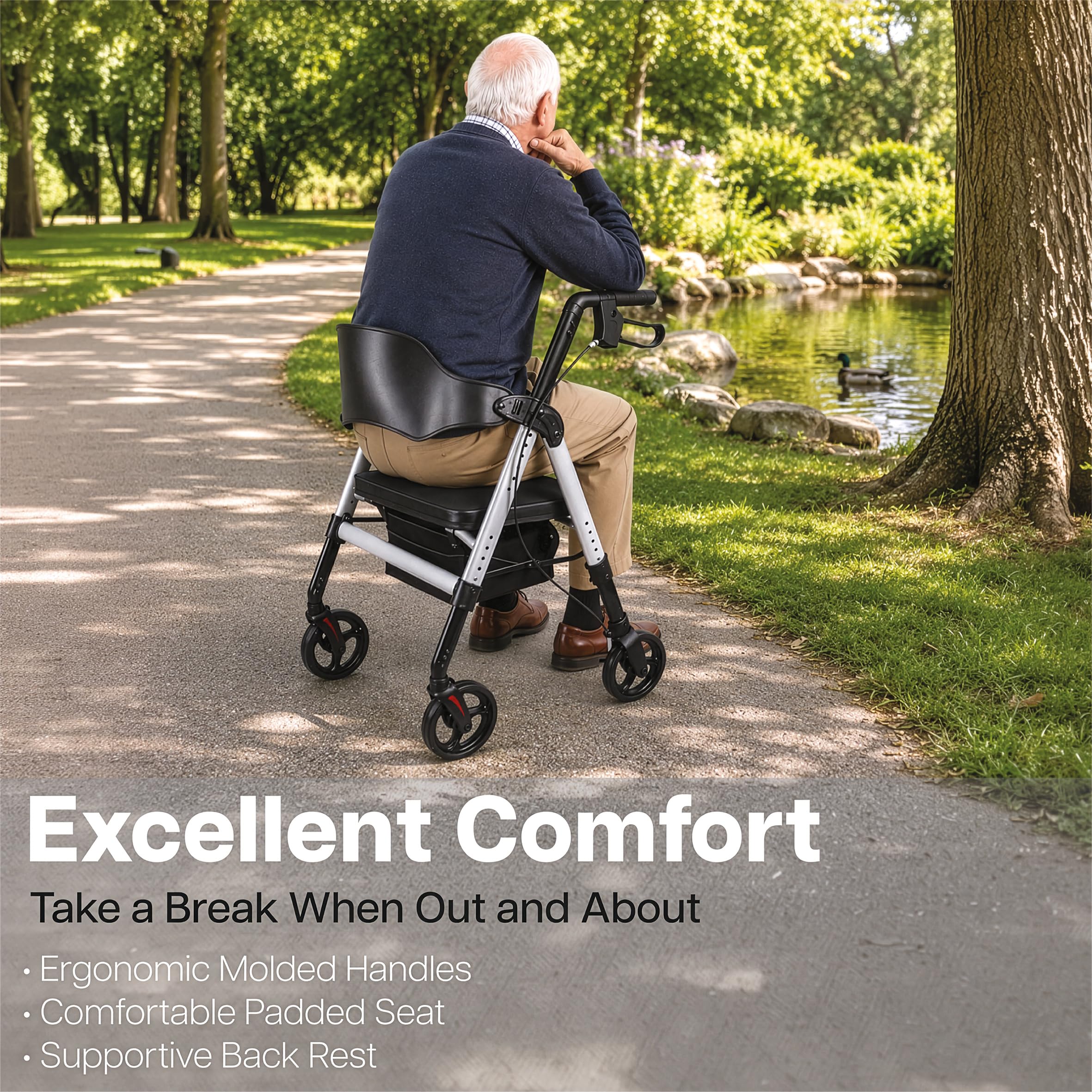Aidapt Bariatrischer Rollator, zusammenklappbar, leicht, 4 Räder, Mobilitätshilfe mit Sitz, abnehmbarer Tragetasche, feststellbaren Bremsen und pannensicheren Reifen für den Innen- und Außenbereich.