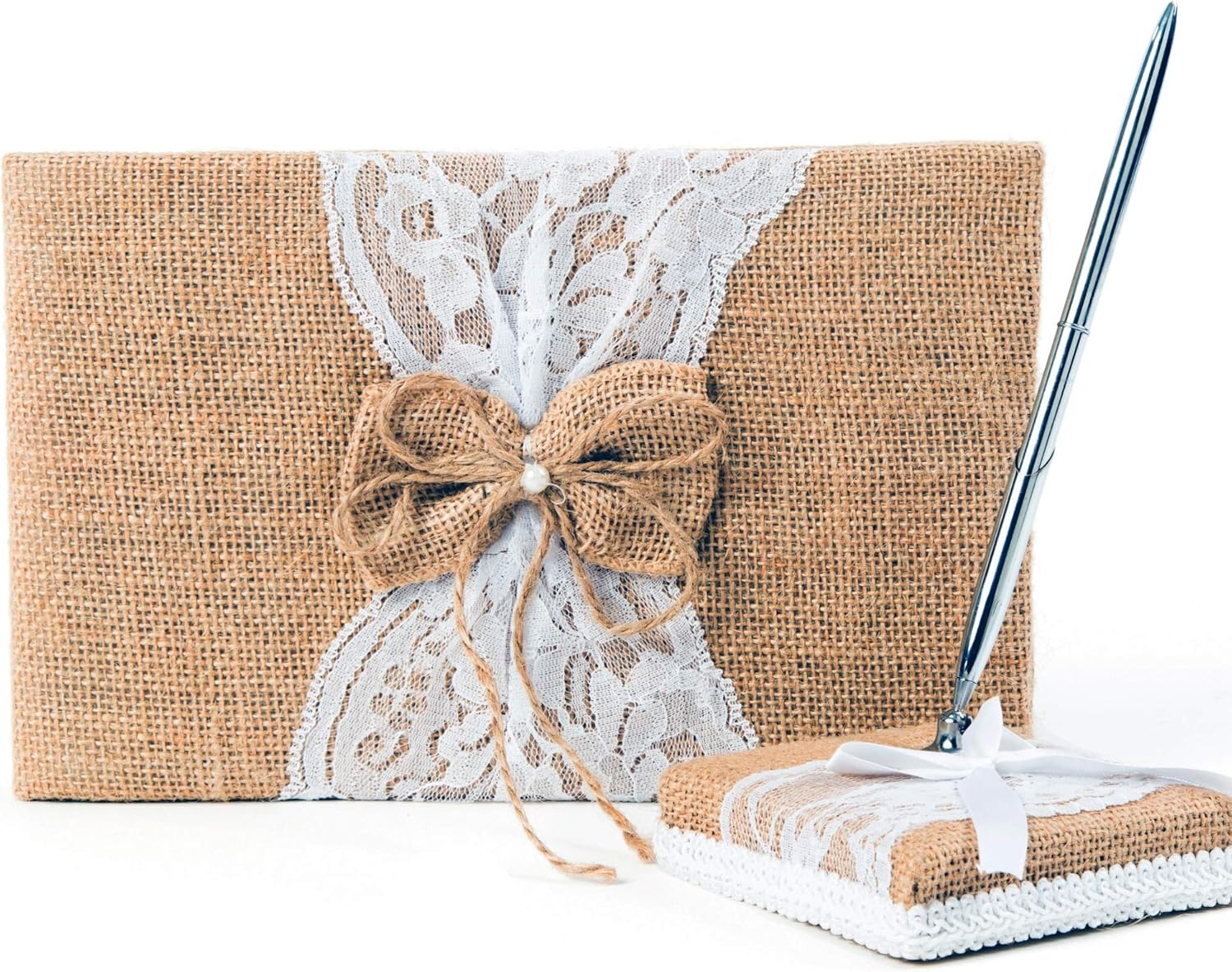 Rustic Wedding Guest Book Made of Burlap and Lace - Includes Matching Pen Holder and Silver Pen - 120 Lined Pages for Guest Thoughts - Comes in Gift Box (Burlap Bow with Pearl Center)