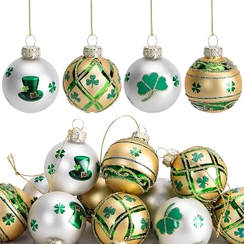 moonoom 12 Pcs St.Patricks Day Glass Ornaments Balls - 1.6Inch Irish Tree Glass Blown Ornaments - Good Luck Clover Balls for St. Patricks Day Home Party Festival Decor