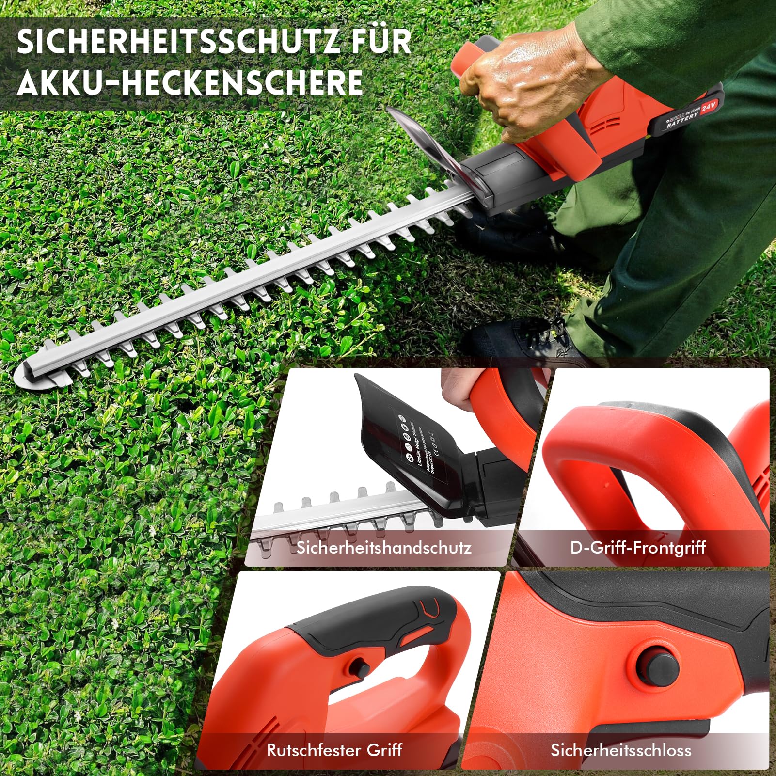 Akku Heckenschere Profi Hecken 21V, Elektro Heckenschere mit akku, 51cm Schnittlänge, 17mm Zahnabstand Dual Schnittklingen, Akku Grasschere Strauchschere für Hohe Hecken
