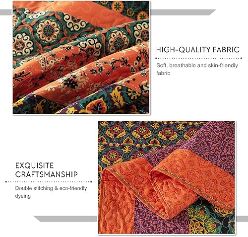 Miniatura 5 de Travan Juego de colcha bohemio a rayas con estampado floral, colcha reversible, suave, con fundas, para todas las estaciones, rayas rojas y