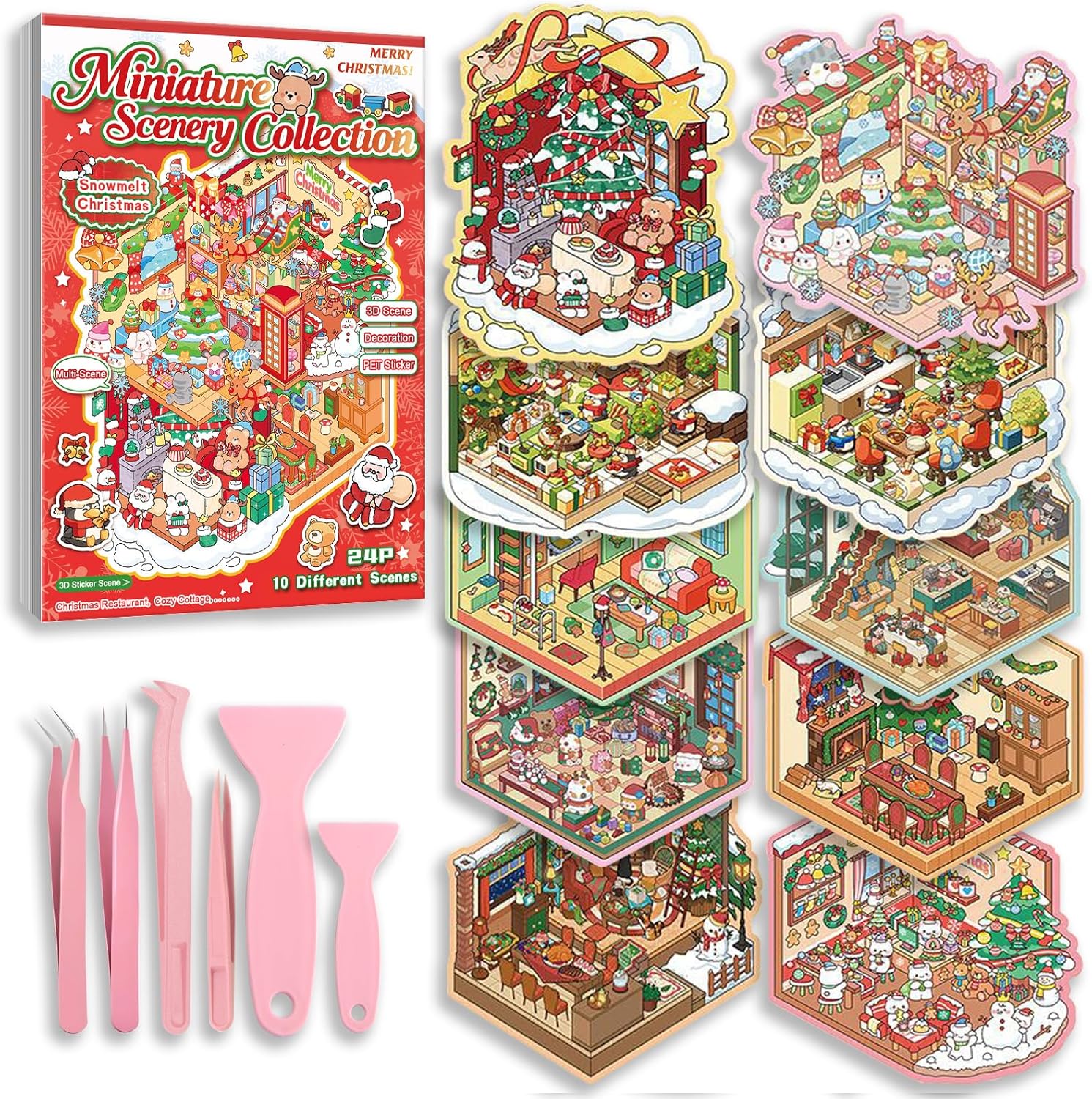 DIY 3D Sticker Scene Book Collecting 10 Set of Stickers for Girls Kids Boys Cute Kawaii Fun Make Your Own Room House Scenes Sticker Therapy for Adult Relief Stress Pass The Time (Merry Christmas)