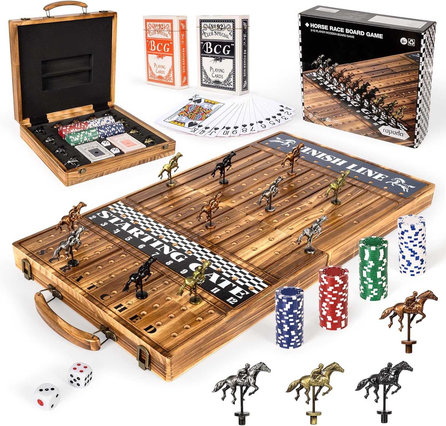 ropoda Upgraded 23 inches Horse Race Board Game with 11 Upgraded Luxury Horses,Foldable Wood Horse Racing Board Game with 100 Pcs Chips,2 Dice and 2 Boxes of Cards,Vintage Color