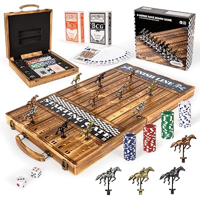 ropoda Upgraded 23 inches Horse Race Board Game with 11 Upgraded Luxury Horses,Foldable Wood Horse Racing Board Game with 100 Pcs Chips,2 Dice and 2 Boxes of Cards,Vintage Color