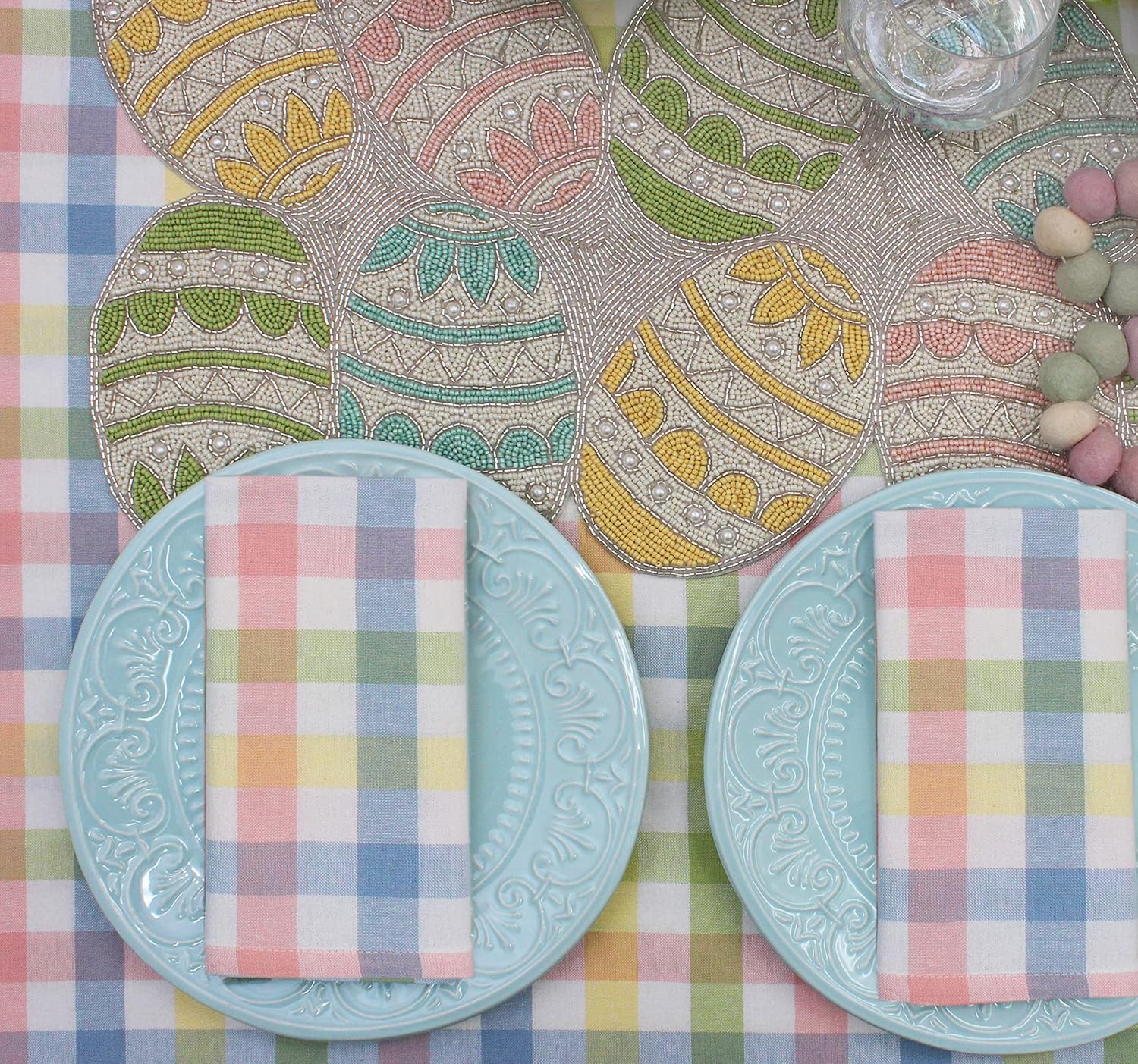 COTTON CRAFT Happy Hunting Handmade Beaded Table Runner - Spring Easter Eggs Bunny Rabbit - Luncheon Dinner Celebration Festive Party Tabletop Décor Tablerunner - 13x36 - Aqua Multi