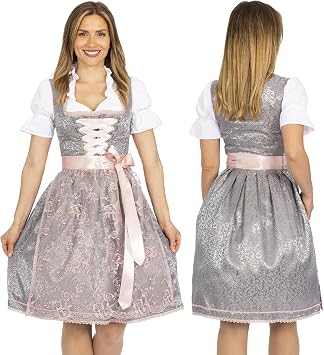 BAVARIA TRACHTEN Womens Authentic German Dirndl Dress - Silver Rose, X-Small