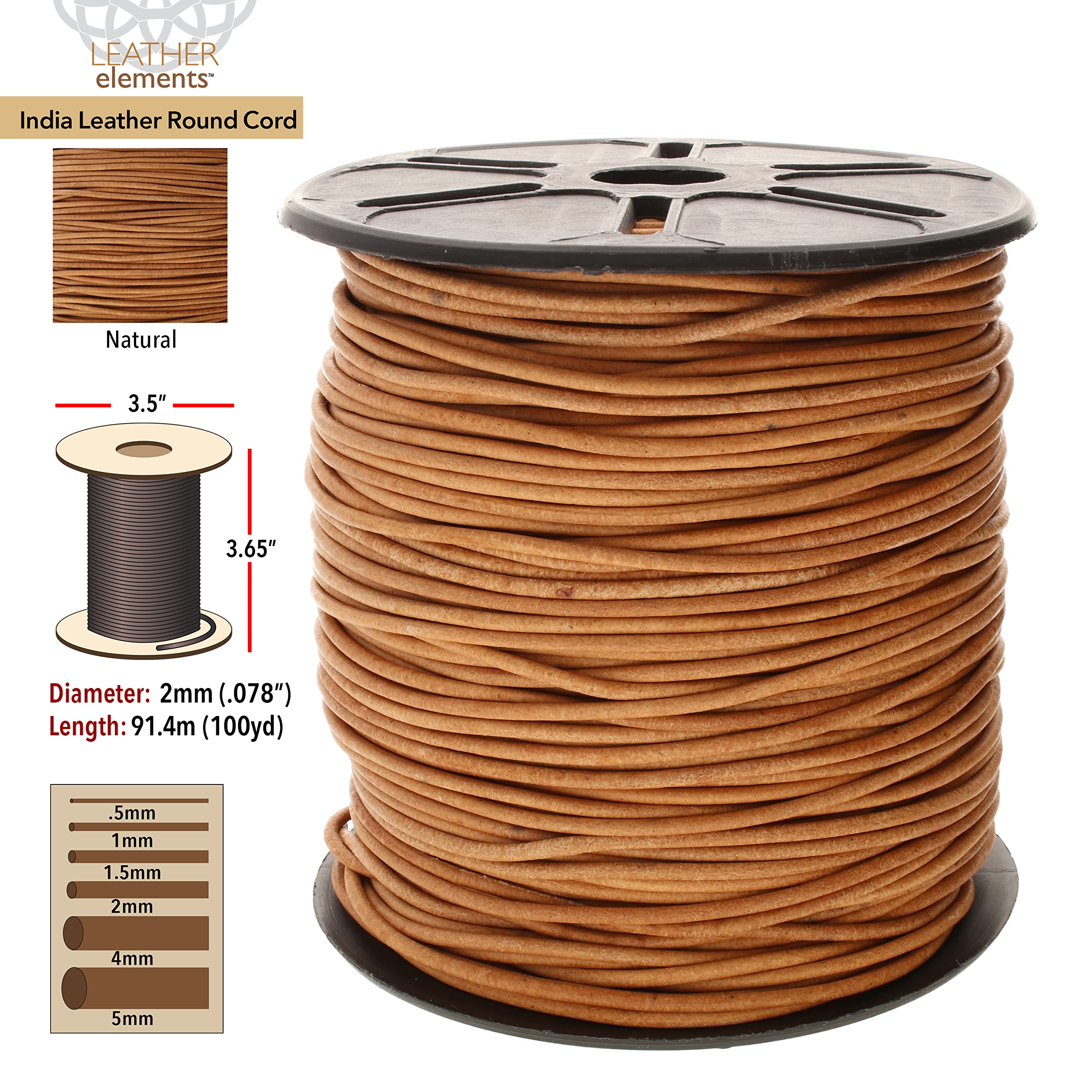 Cordon rond en cuir indien de 2 mm pour bijoux et loisirs créatifs - 91,4 m - Naturel - 2 mm d'épaisseur