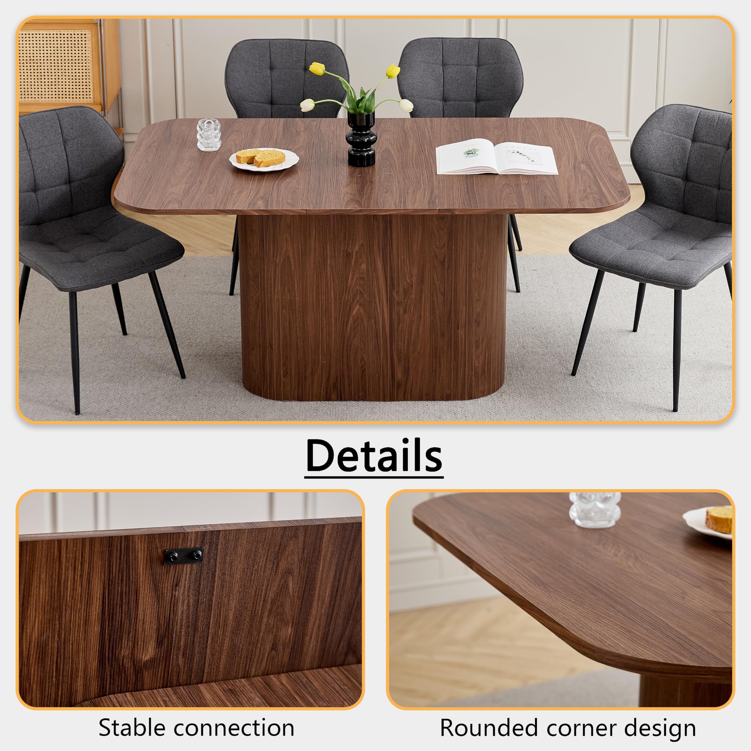 GrandCA HOME Table à Manger Rectangulaire avec Coins Arrondis, Table à Manger de Cuisine Moderne de 160 cm avec Base en Bois, Grand Plan de Travail en MDF, pour 4 à 8 Personnes, Veinage Bois Foncé