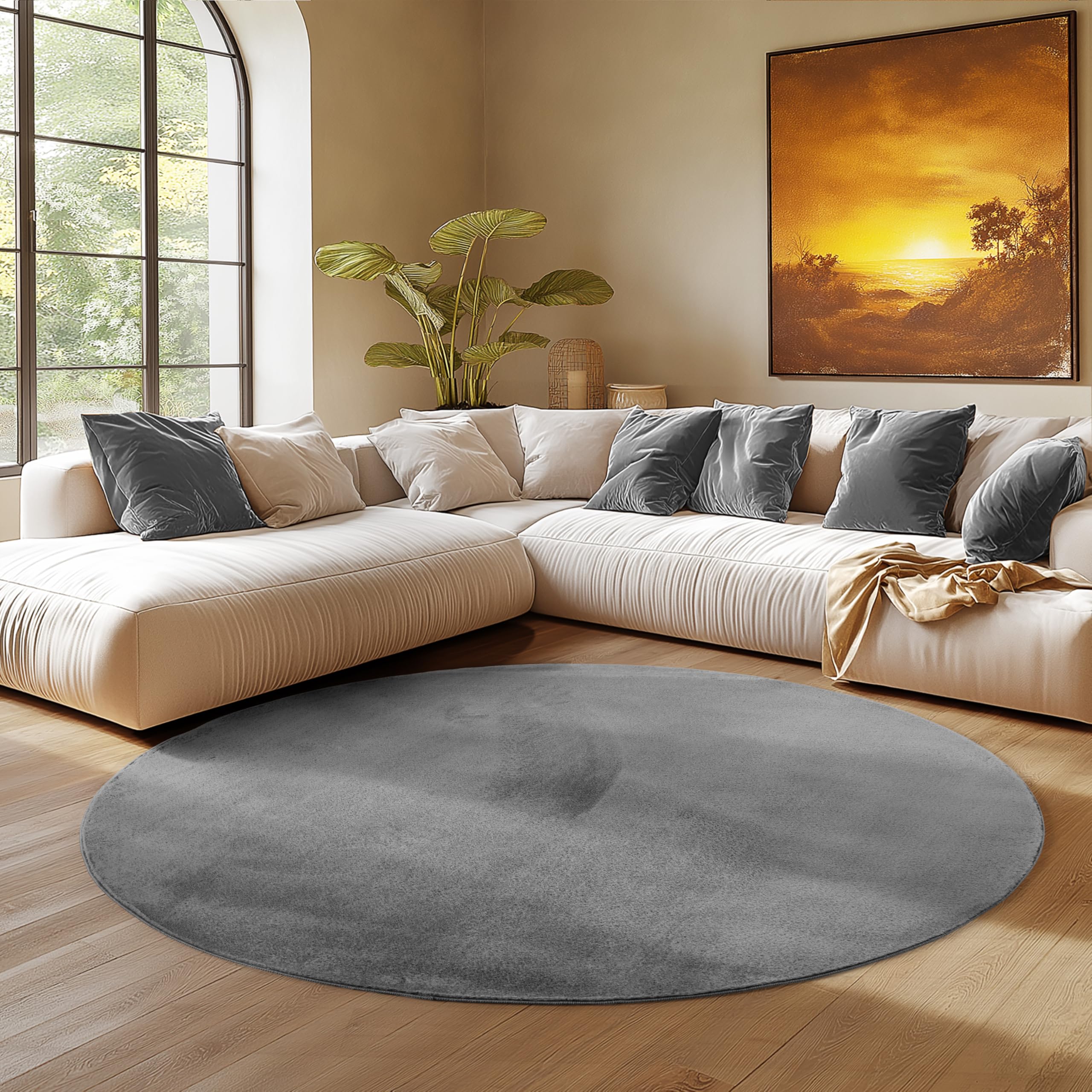 SIMPEX Runder Teppich Grau 120 cm Kurzflor Teppich Waschbar, rund, weich & rutschfest, modern einfarbiges Design für Wohnzimmer, Küche Schlafzimmer, & Kinderzimmer