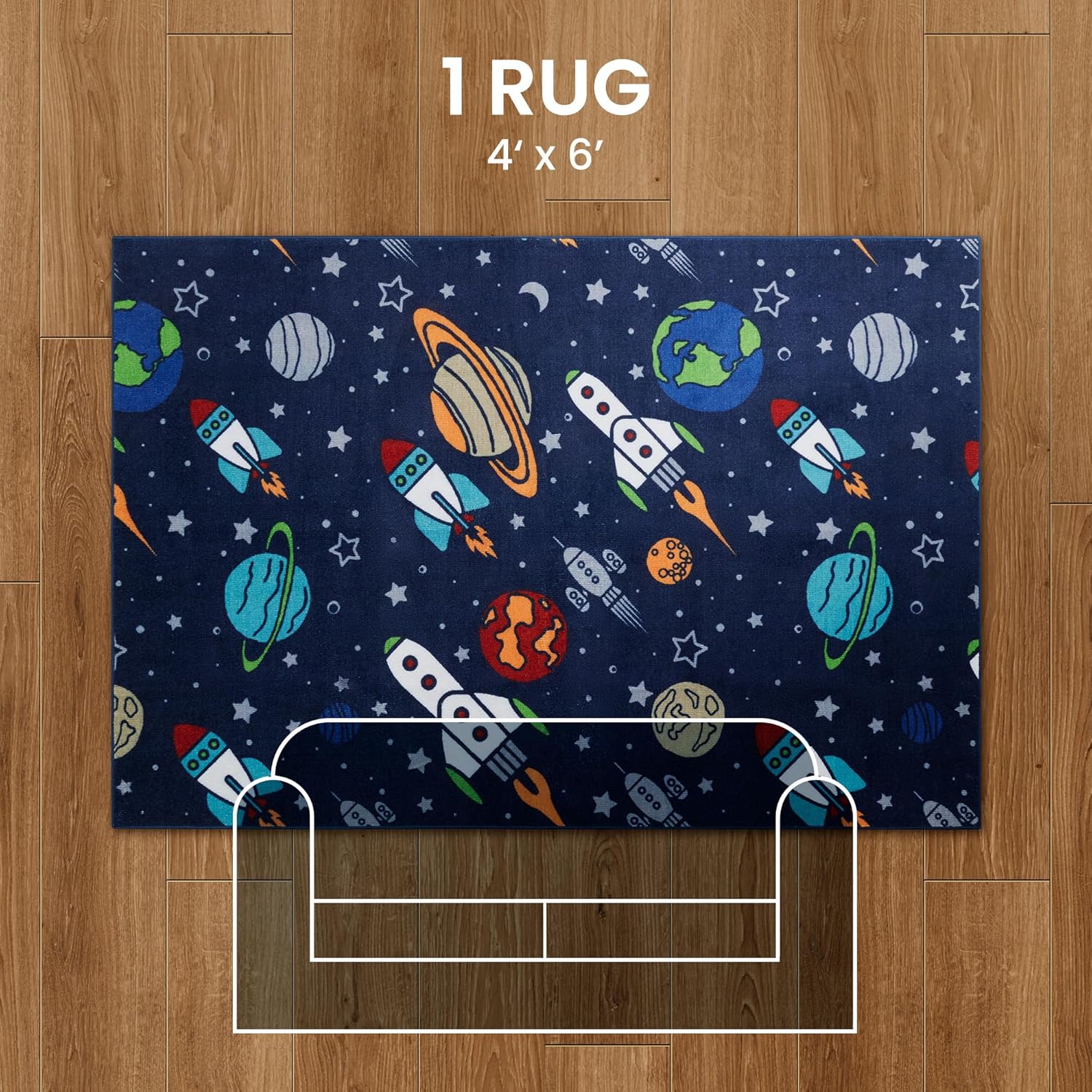 SLEEP ZONE Kids Rugs for Playroom, Area Rugs for Boys Bedroom, Washable Nursery Carpet, Non Slip Rug Play Mat, Space Rocket Planet, 4X6 Feet