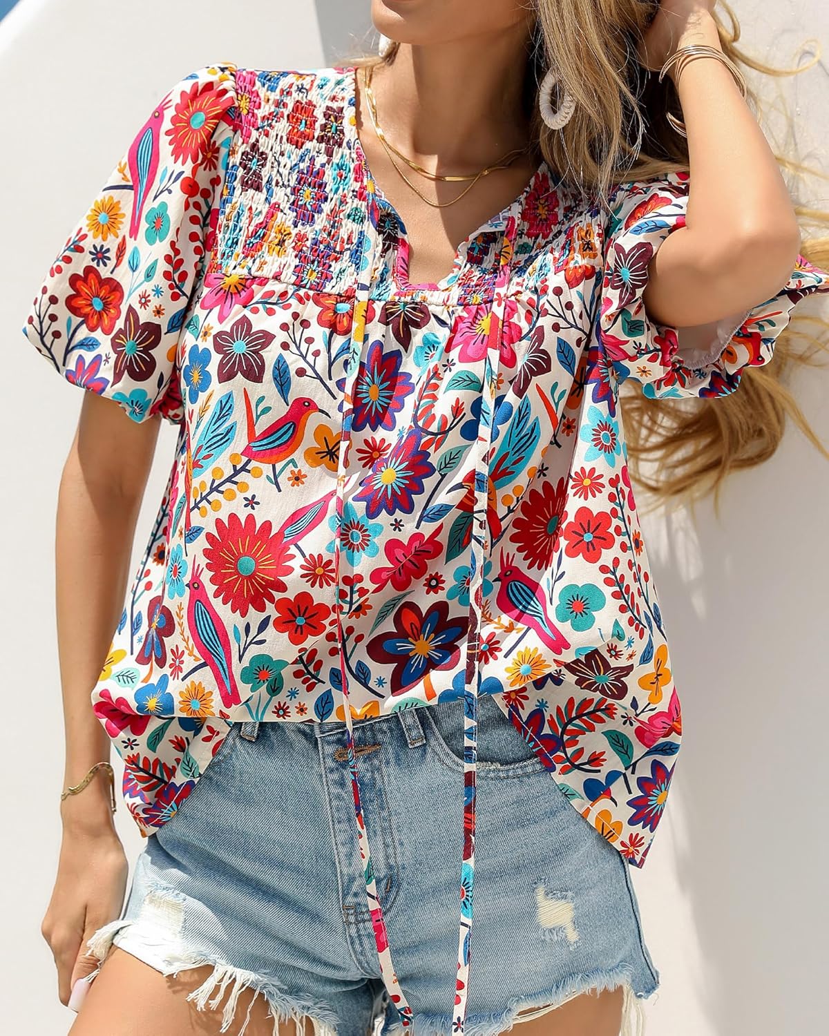 KIRUNDO Boho Tops for Women Summer 2026 Dressy Floral Blouse V Neck Drawstring Short Sleeve Shirts Beach Vacation Clothes