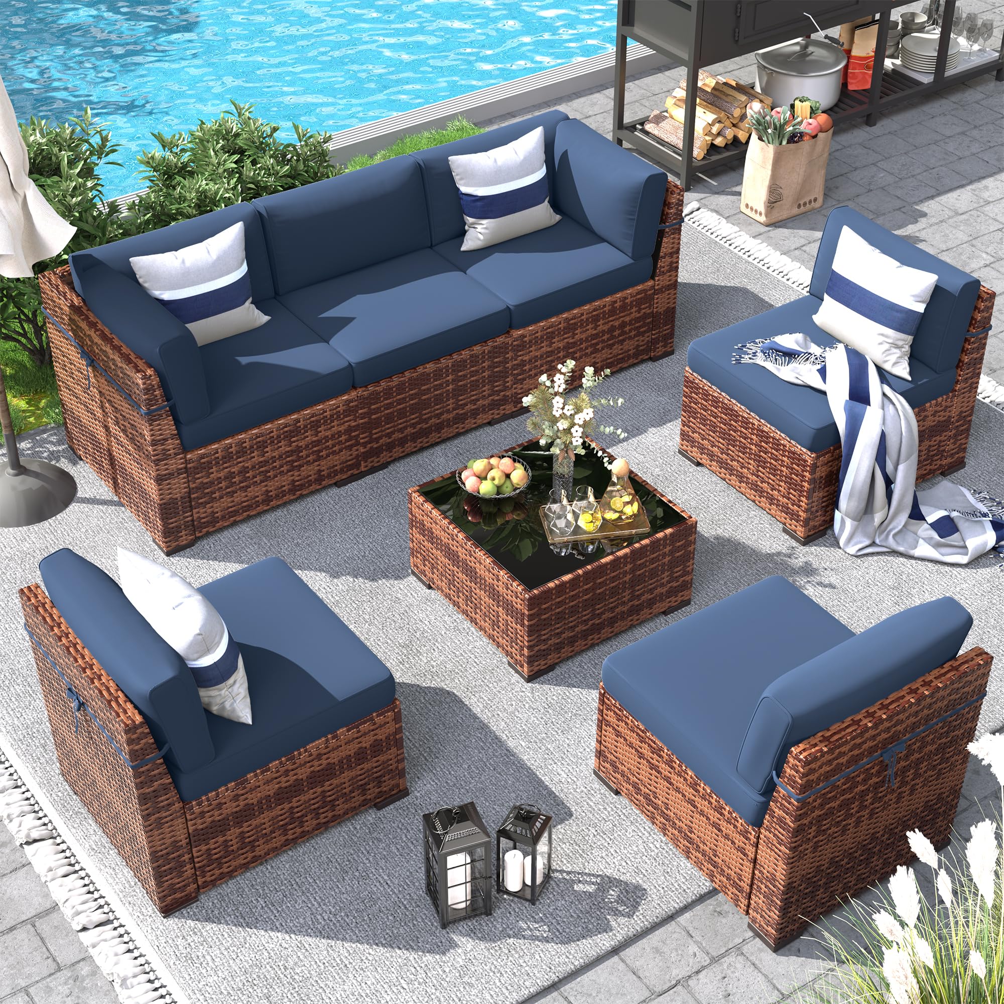 Patio Furniture Set, 7 Pieces Outdoor Modular Conversation Set Wicker Sectional Sofa for All Weather Rattan Patio Couch for Porch Garden Backyard Balcony Poolside (Blue)