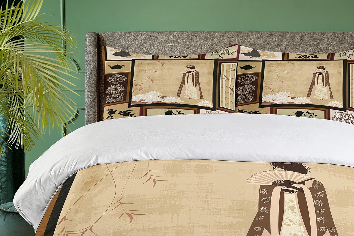 Ambesonne Japanese Duvet Cover Set, Girl in Traditional Dress and Cultural Patterns Ornaments Antique Eastern Collage, Decorative 3 Piece Bedding Set with 2 Pillow Shams, King Size, Brown Cream