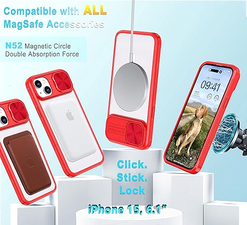 Miniatura 3 de Funda transparente compatible con iPhone 15 MagSafe Funda deslizante para lente de cámara de 6.1 pulgadas, imanes fuertes, antiamarilleo, marco