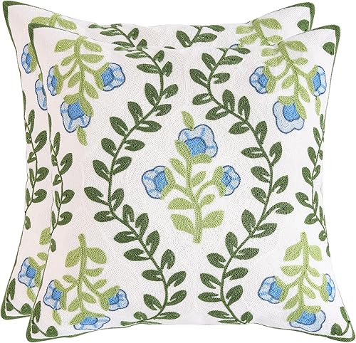 Miniatura 1 de Tosleo Fundas de almohada bordadas de 18 x 18 pulgadas, paquete de 2 fundas de almohada decorativas de algodón con flores verdes y vides azules,