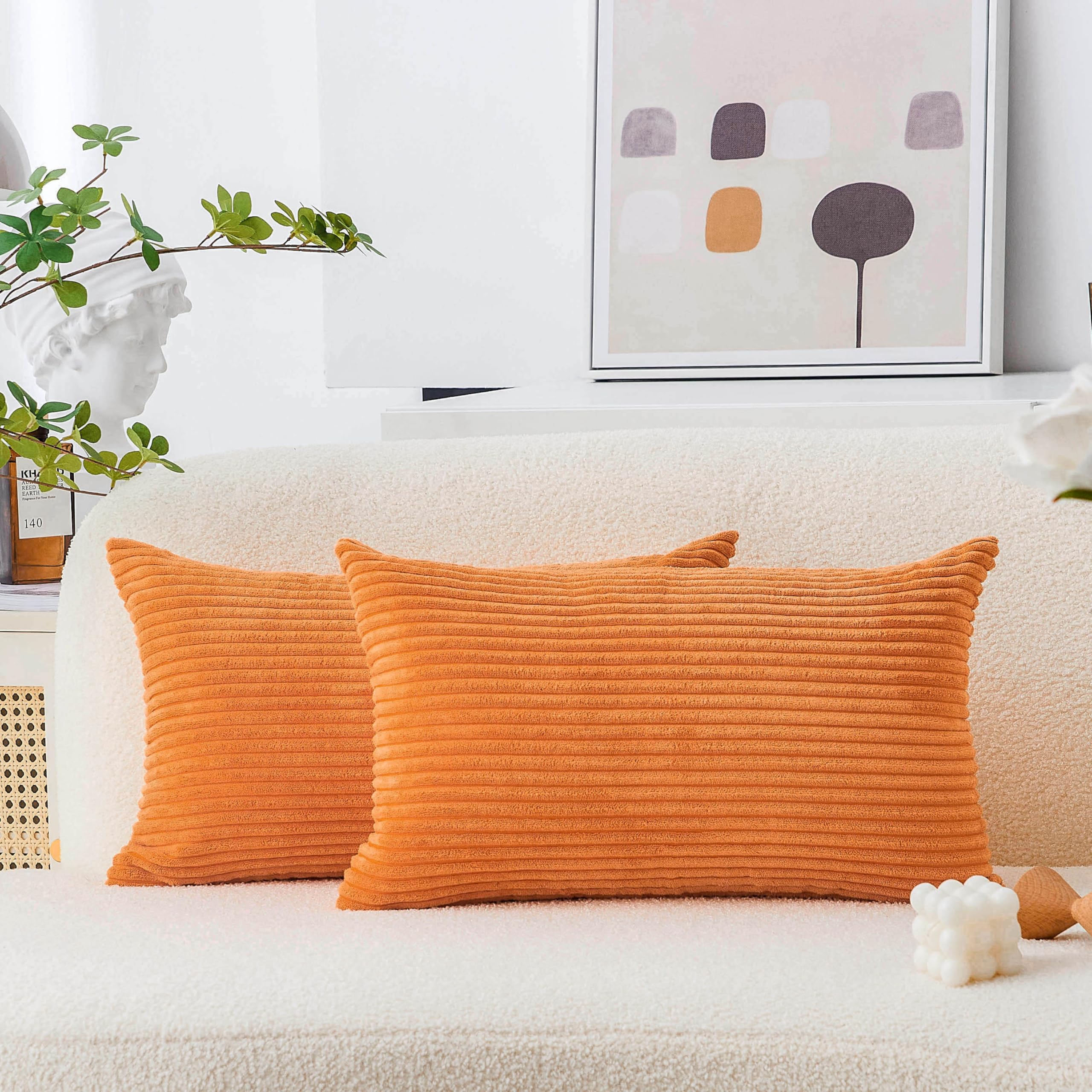 Home Brilliant Fundas de almohada decorativas de terciopelo de pana a rayas para sofá de invierno, juego de 2, color naranja quemado, 30 x 50 cm