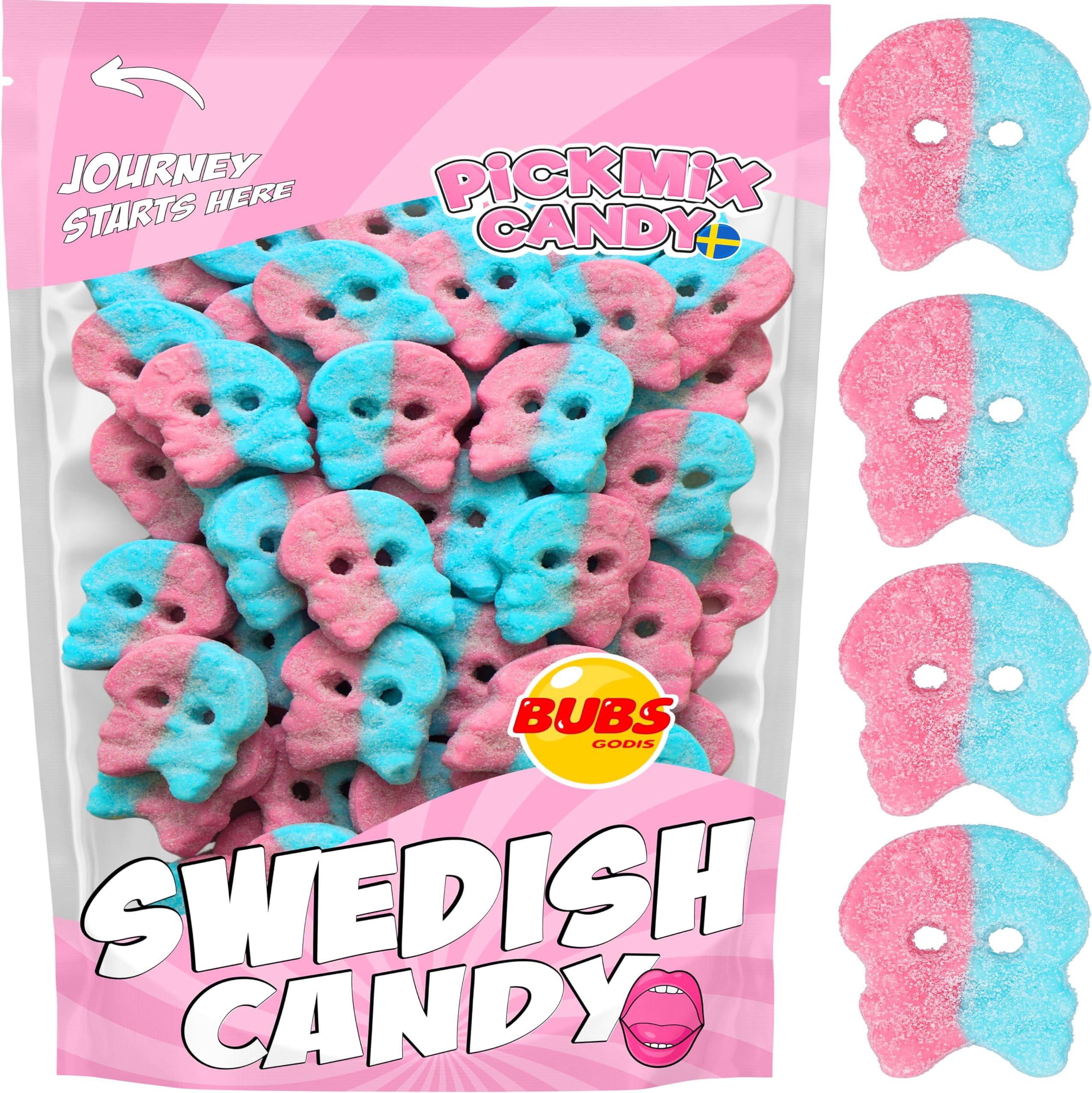 Bubs Swedish Candy Dizzy Skulls, 2 POUND Sweet & Sour Gummy Candy, Available In Sizes 1 Lb, 1.5 Lb, And 2 Lb - Packed in a Pickmix Candy Sweden Bag