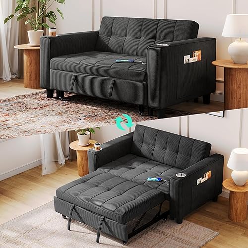 LINSY Sleeper Sofa Bed, 54" Pull Out Couch with Charging Station & Cup Holder, Small 3 in 1 Convertible Loveseat Sleeper Couch for Apartment, Dorm Room, Bedroom and Small Space, Corduroy Black