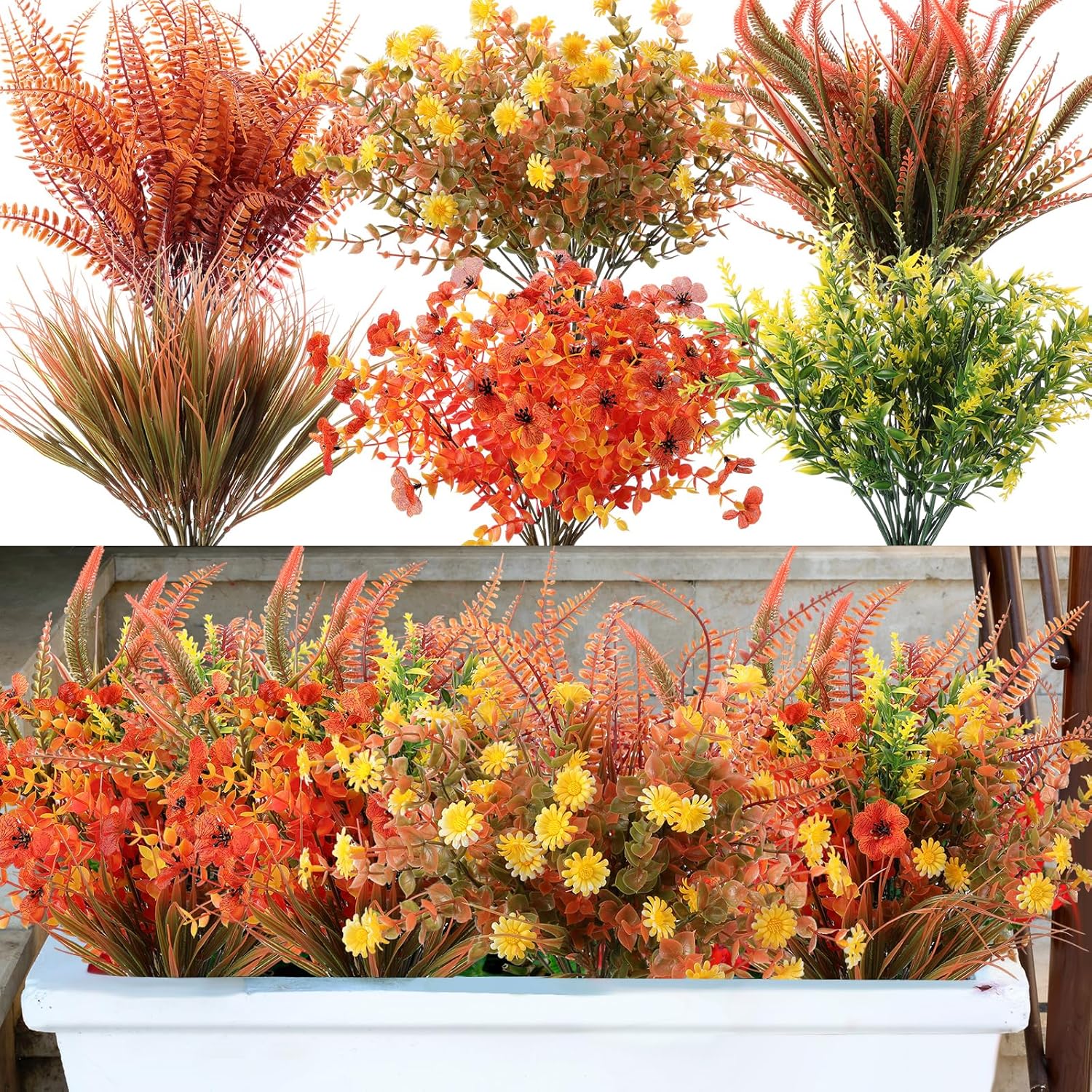 Cindeer 24 Pcs Fall Artificial Flowers Plants Outdoor UV Resistant Artificial Fake Plants Autumn Plastic Faux Flowers Plants for Fall Thanksgiving Hanging Planter Porch Window Home Wedding Decor