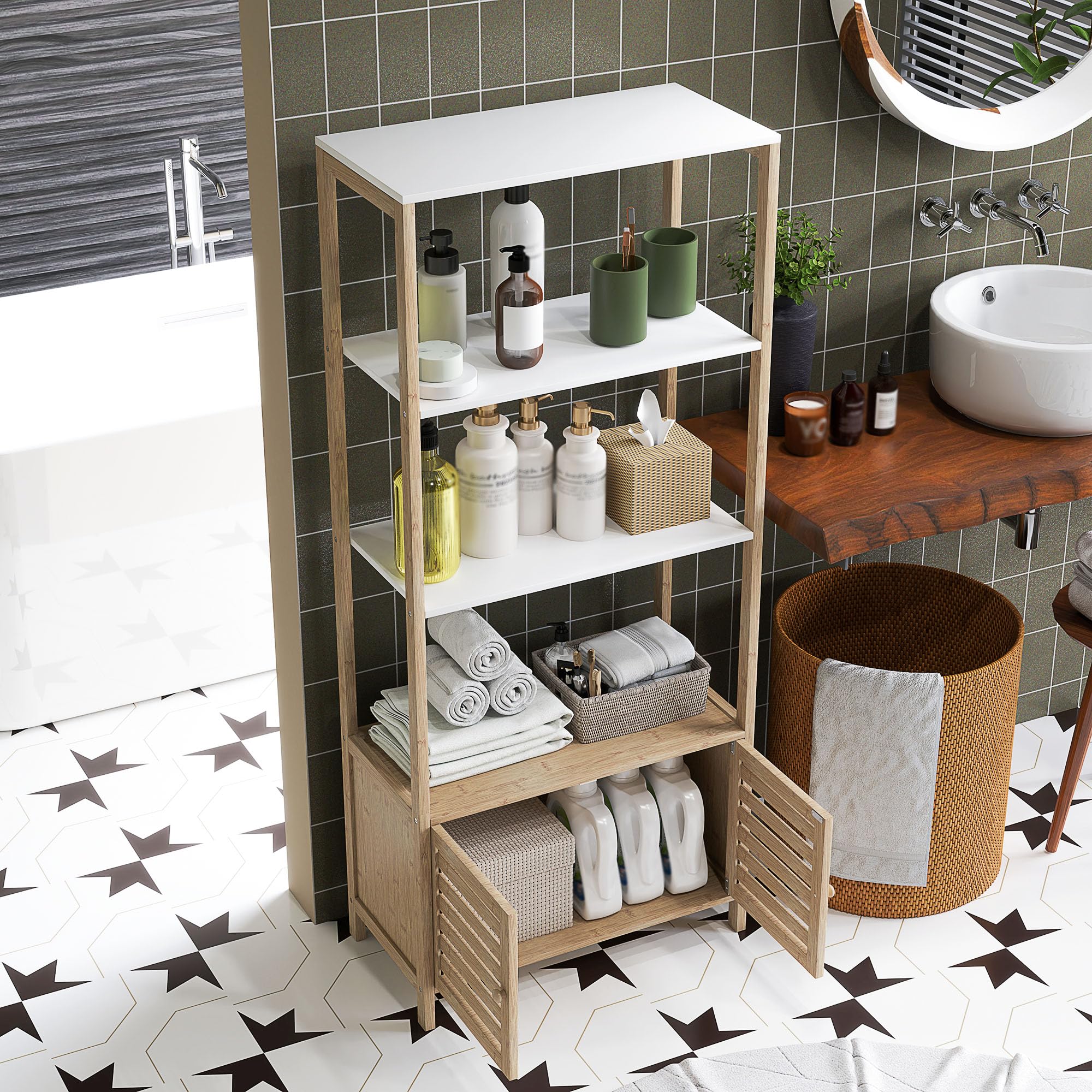 HOMCOM Estantería de Baño de Bambú con 3 Estantes Abiertos Estantería de Almacenaje con Puertas de Lamas 63x30x138 cm Natural y Blanco