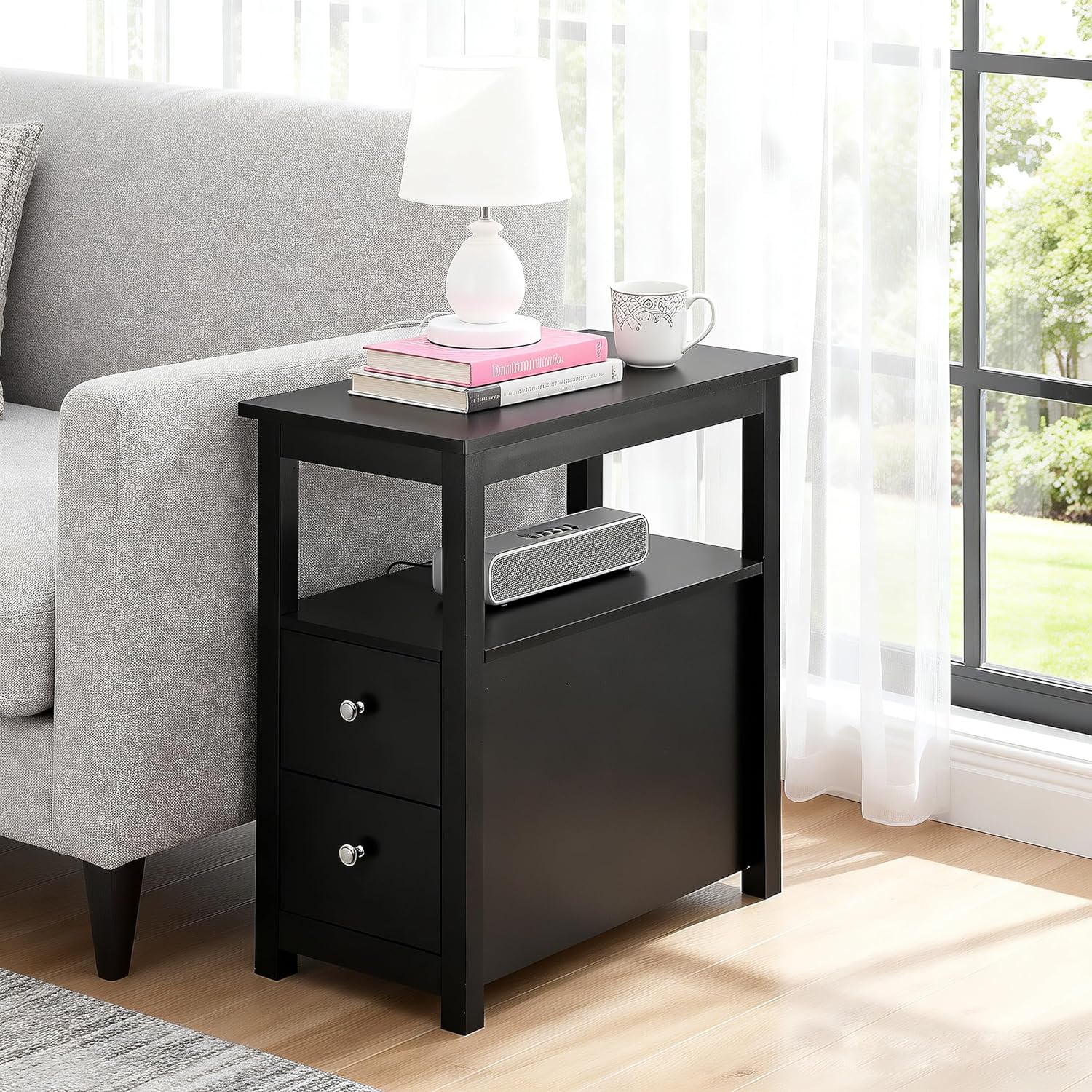 SUPER DEAL End Table with Drawers 3 Tier Narrow Side Table Wood Sofa Table for Living Room Bedroom Office Small Spaces, 23.6 x 24.1 inch, Black