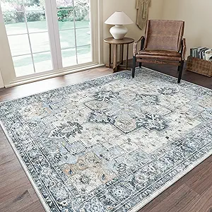 GENIMO 10x14 Area Rugs for Living Room, Machine Washable Rug, Non Slip Vintage Rugs, Low Pile Lightweight Chenille Print Rug for Bedroom, Dining Room, Home Office, Blue