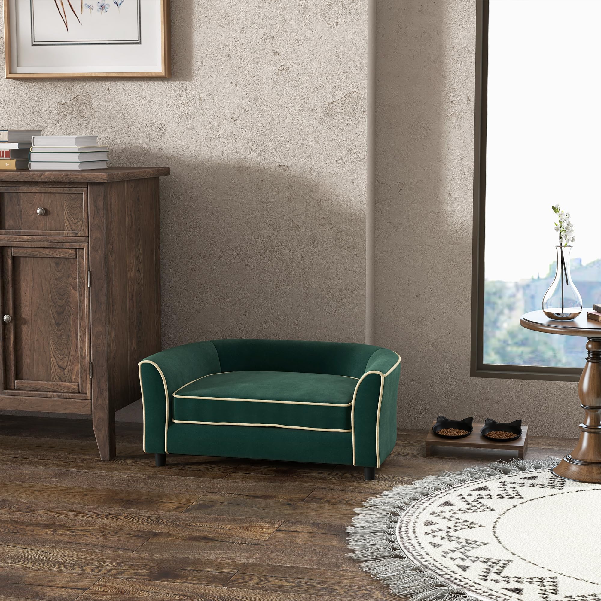 PawHut Divano per Cani Taglia Piccola e Media Elegante con Cuscino, Divanetto per Cani in Tessuto Effetto Velluto e Legno, 79x56x35 cm, Verde Scuro