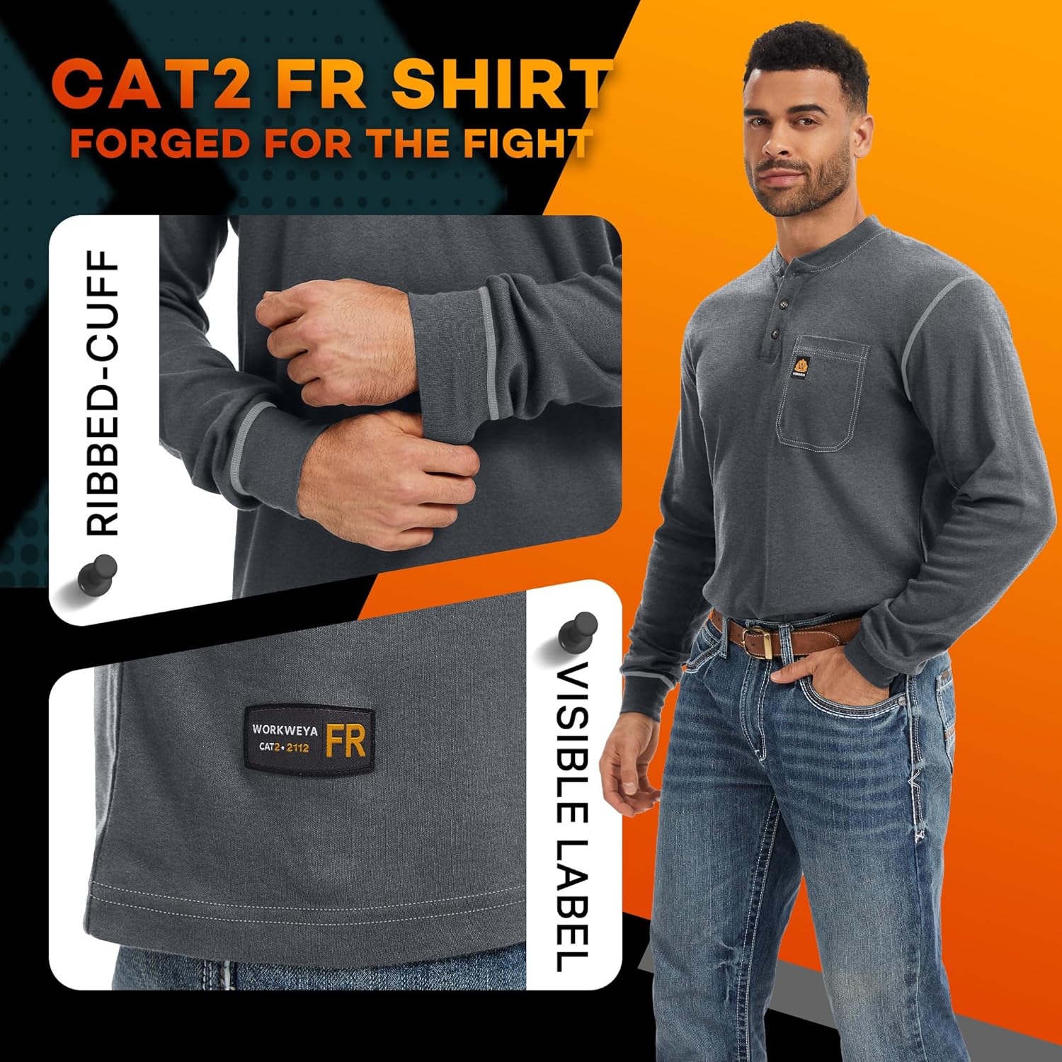 WORKWEYA FR Shirts for Men 6.5 oz Flame Resistant Long Sleeve Henley Shirt NFPA 2112/CAT2 - Image 4