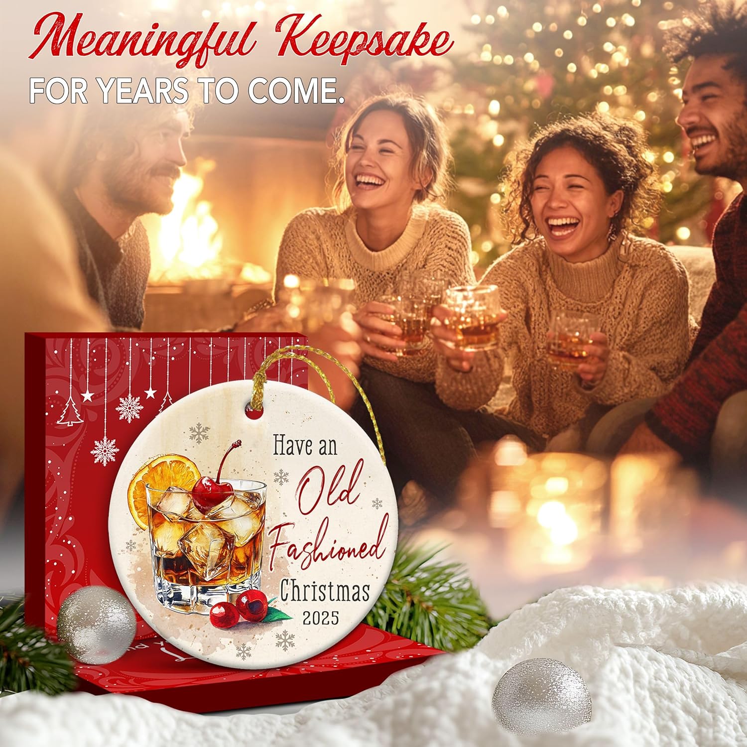 Old Fashioned Cocktail Christmas Ornament 2025 – Bourbon Whiskey Christmas Tree Decoration for Men & Women Drinkers, Bartenders, Dad, Grandpa – Funny Cocktail Lover Gift Idea, Holiday Bar Keepsake