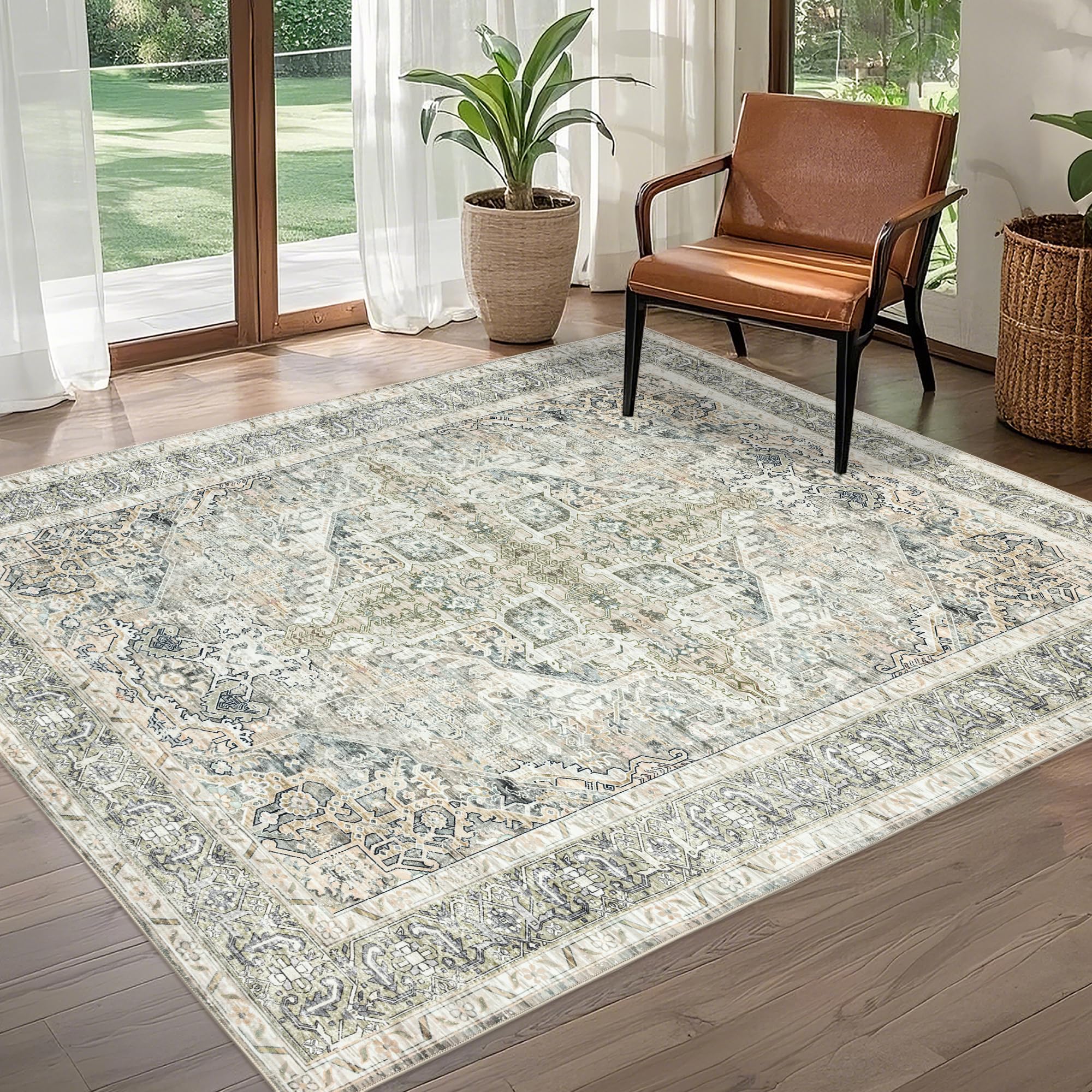 Brevonox 5x7 Area Rugs Washable: Boho Vintage Soft Area Rug for Living Room Bedroom No Shedding - Oriental Low Pile Thin Carpet Rug for Dining Room