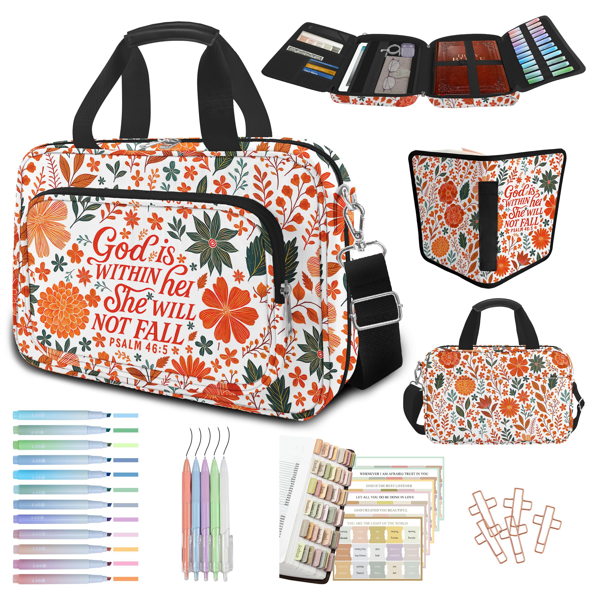 bolimoss Autumn Floral Bible Cover with Handle Strap, Bible Cover Case with Zipper Pockets for Church, Large Boho Bible Bag Carrying Case with Pens Highlighters Cross Clips Tabs for Women Christian