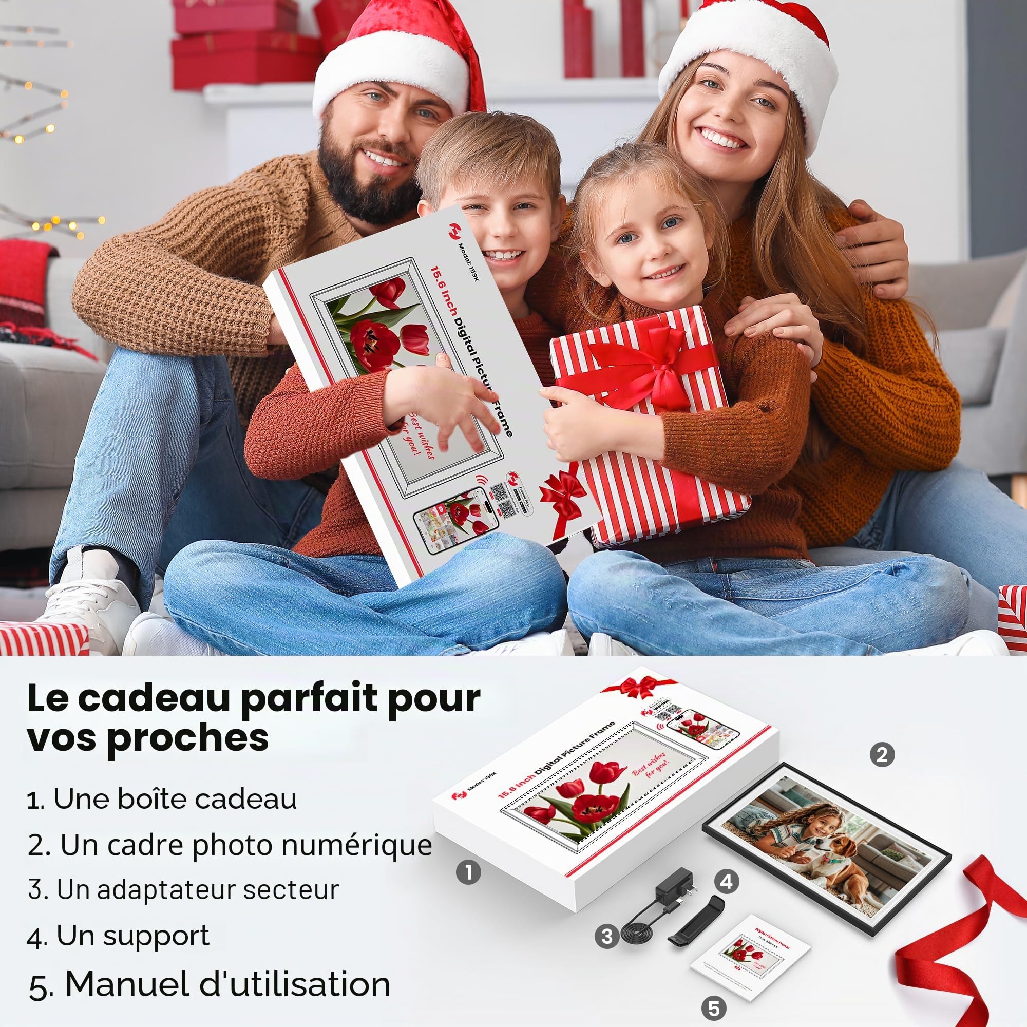 Frameo Cadre Photo Numérique 15.6 Pouces, Écran Tactile IPS 1920 x 1080, Mémoire 32 Go, Rotation Automatique, Cadre Photo Numérique Electronique, Partage Photo/Vidéo Instantané (Blanc et