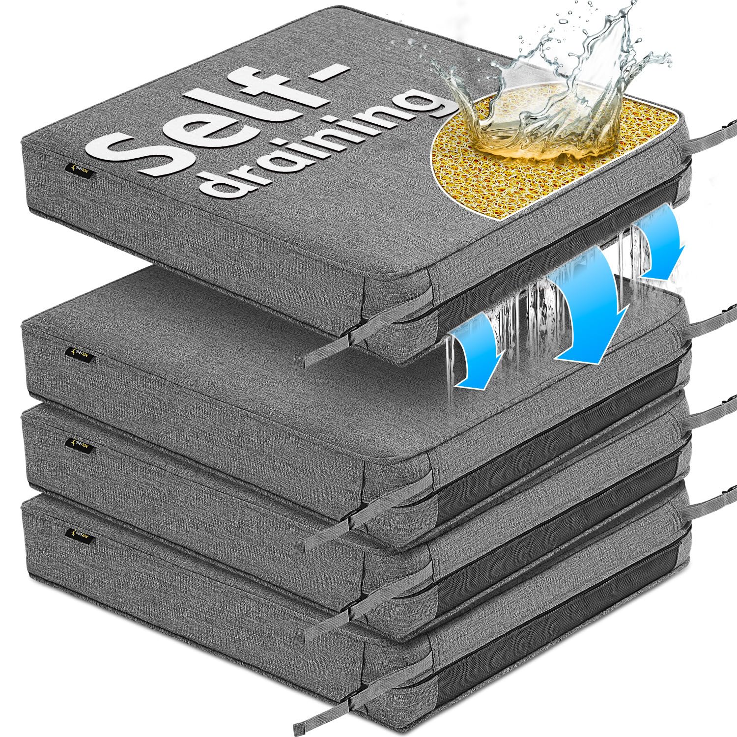 SUNROX DryFast Foam Outdoor Patio Chair Cushions with DryMesh Drainage, All-Weather FadeShield Water Resistant Patio Furniture Cushions 24"x24"x4", 4