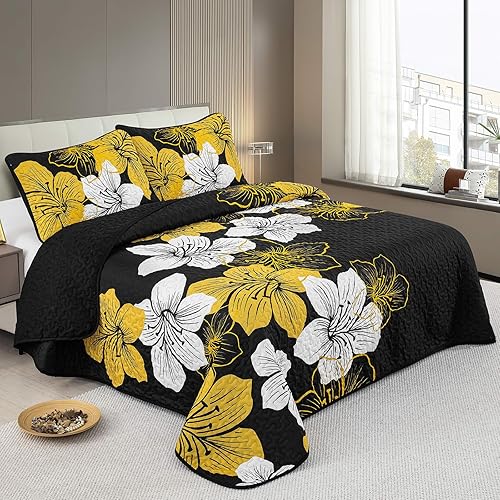 Miniatura 2 de DJY Juego de edredón de 3 piezas, tamaño Queen, diseño floral dorado, color negro, hermoso edredón bohemio con 2 fundas de almohada, juego de