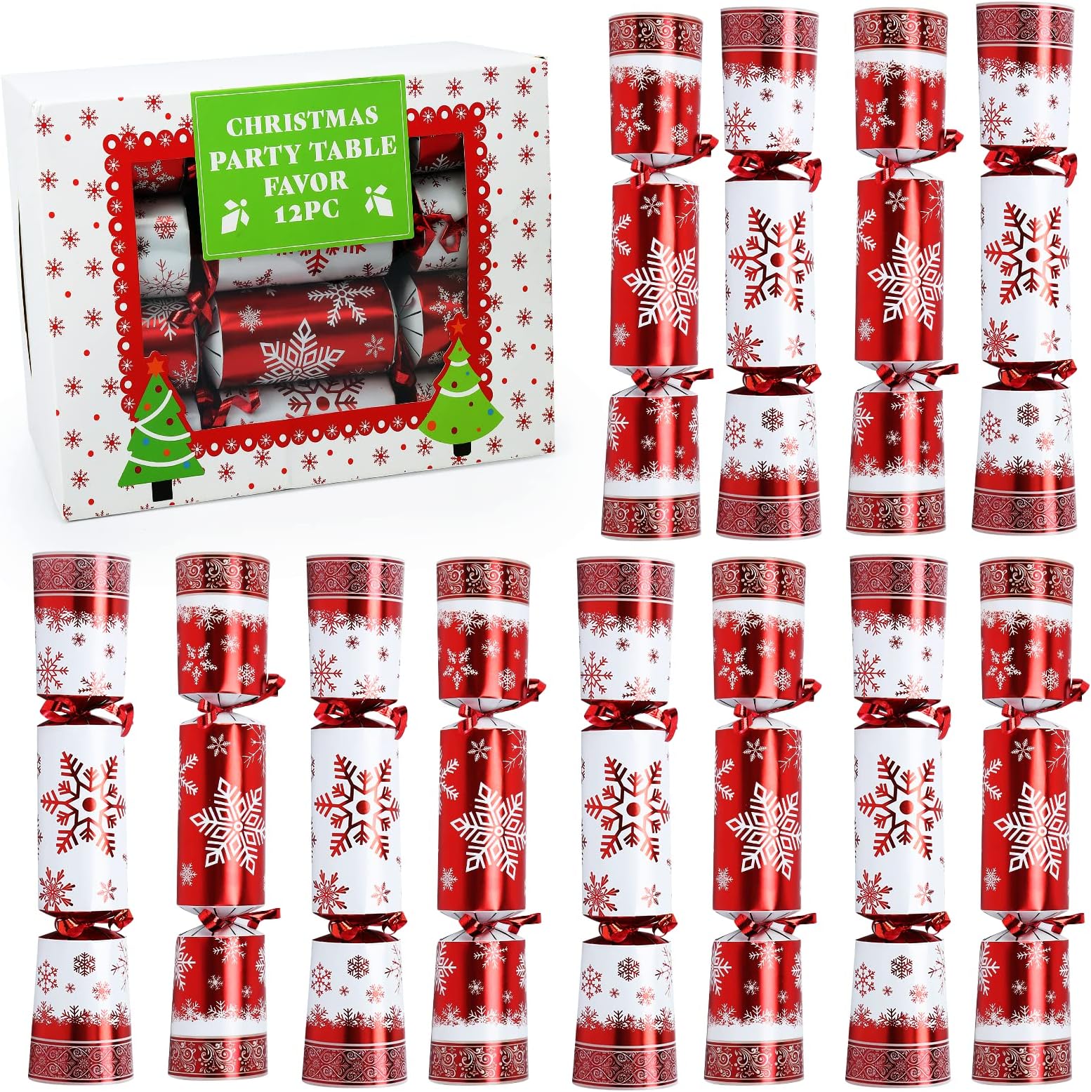 12 Pack 10" Luxurious Red & White Snowflake Design Table Favors with Party Hat, Joke & Xmas Gift for Kids Christmas Parties & Holidays