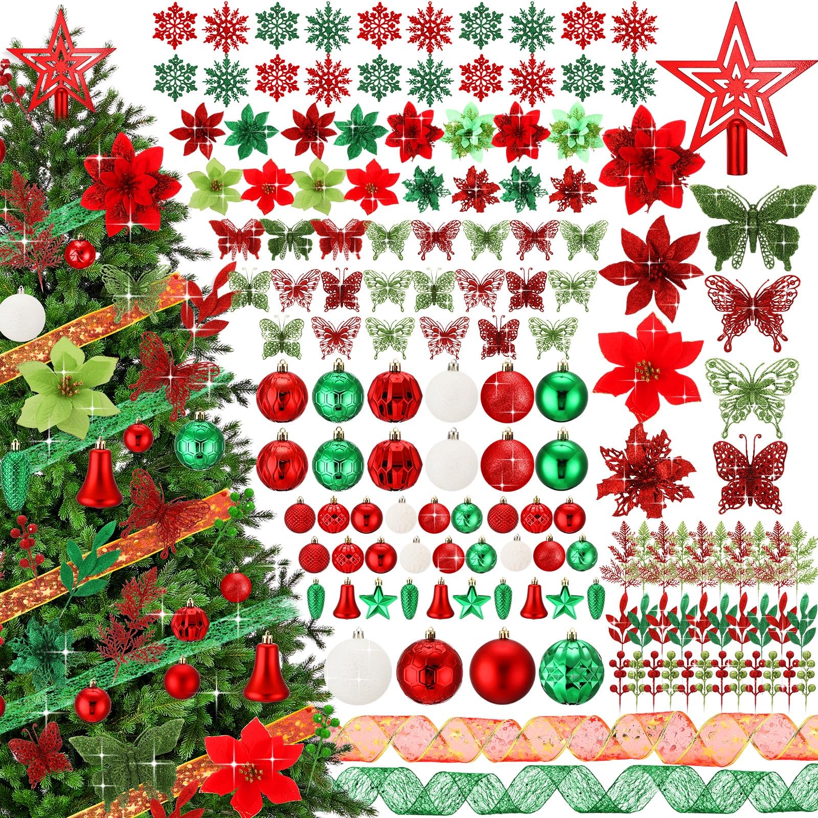 XunYee Lot de 143 décorations à suspendre pour sapin de Noël – Boules incassables – Flocon de neige, papillon, poinsettia, fleurs et baies – Rubans pour décoration de fête (rouge, vert, blanc)