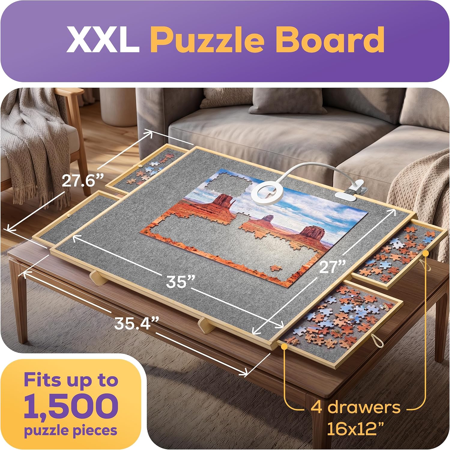 1500 Piece Puzzle Board, Clip-on Led Magnifier and Wall Display Kit Included, Adjustable Jigsaw Puzzle Boards for Adults and Kids, Portable Puzzle Board with Drawers, Cover and Non-Slip Felt Surface