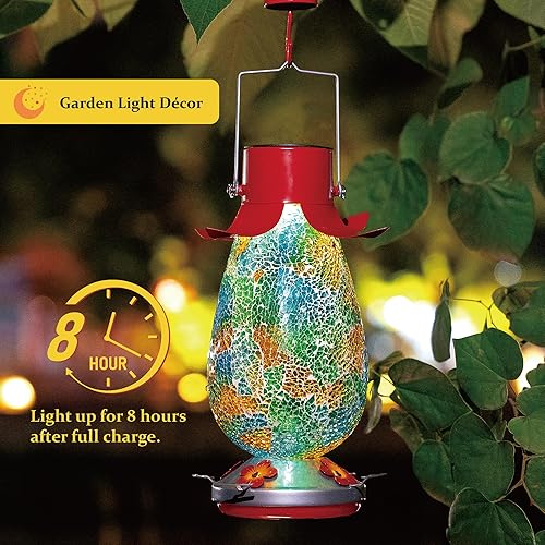 Miniatura 9 de Comedero solar LED para colibríes para exteriores, mosaico de vidrio multicolor, botella de néctar de colibrí colgante con 4 estaciones de