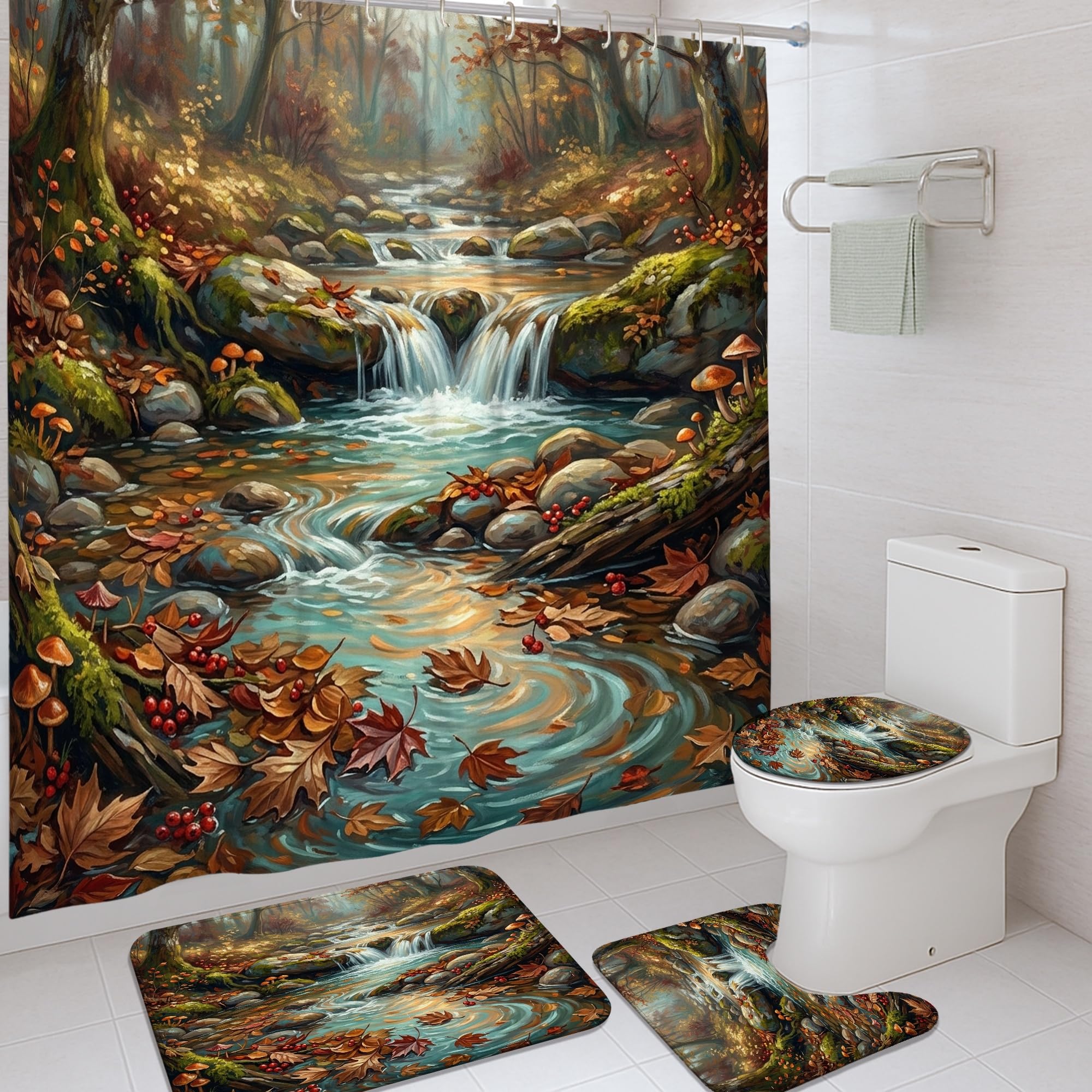 Rideau de douche cascade pour chambre d'amis, décor rustique naturel et tapis lavable