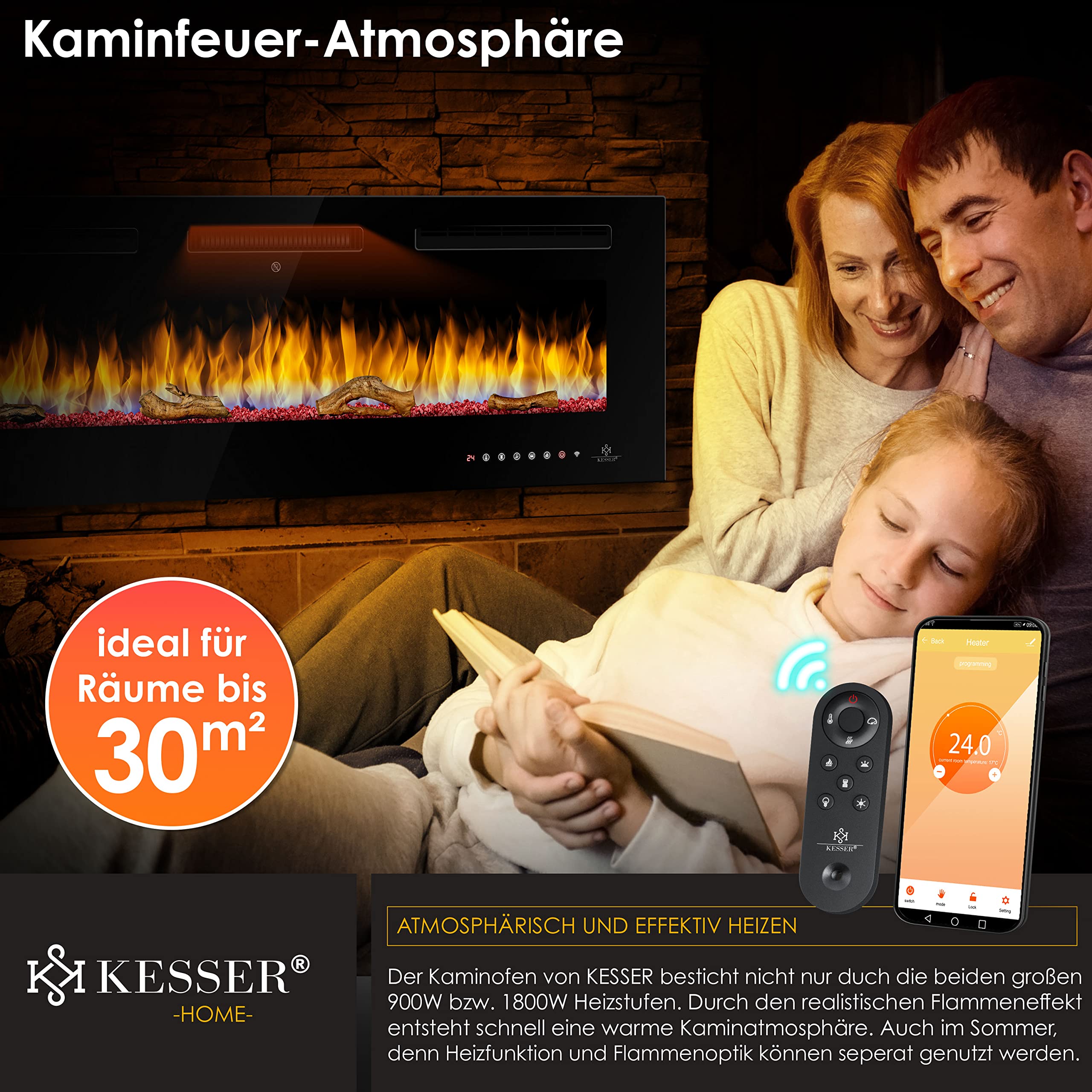 KESSER® Kominek elektryczny, ścienny, kominek elektryczny z ogrzewaniem, 9 trybów kolorystycznych LED, efekt płomienia 900/1800 W, piec kominkowy, ściana i kominek do zabudowy, montaż ścienny,