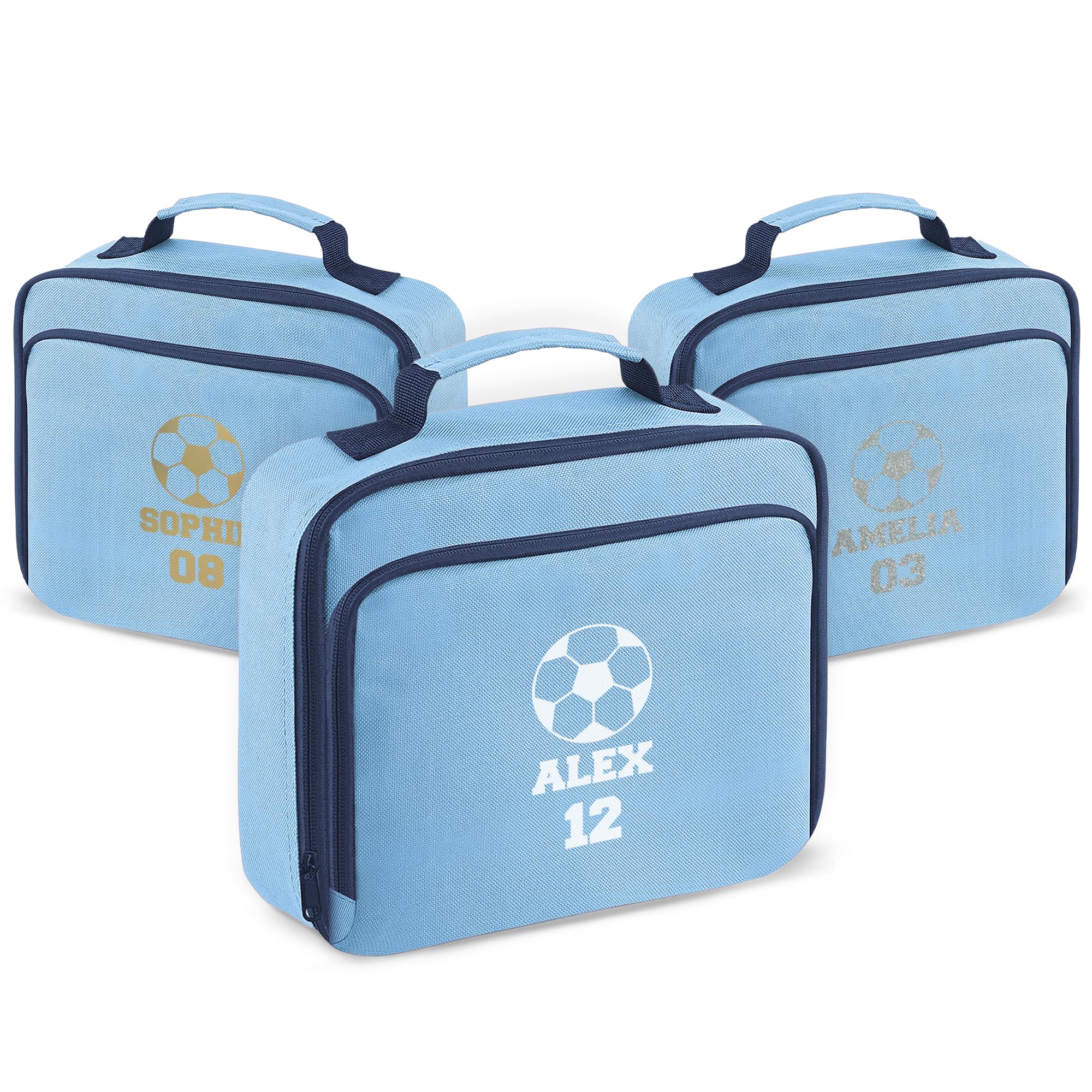 Print Maniacs Personalised Football Lunch Box Bag with Custom Name and Number Insulated Lunch Bag for Kids Boys Girls Adults School Sports Club Training Work Office Travel Meal Prep Food Storage Gift