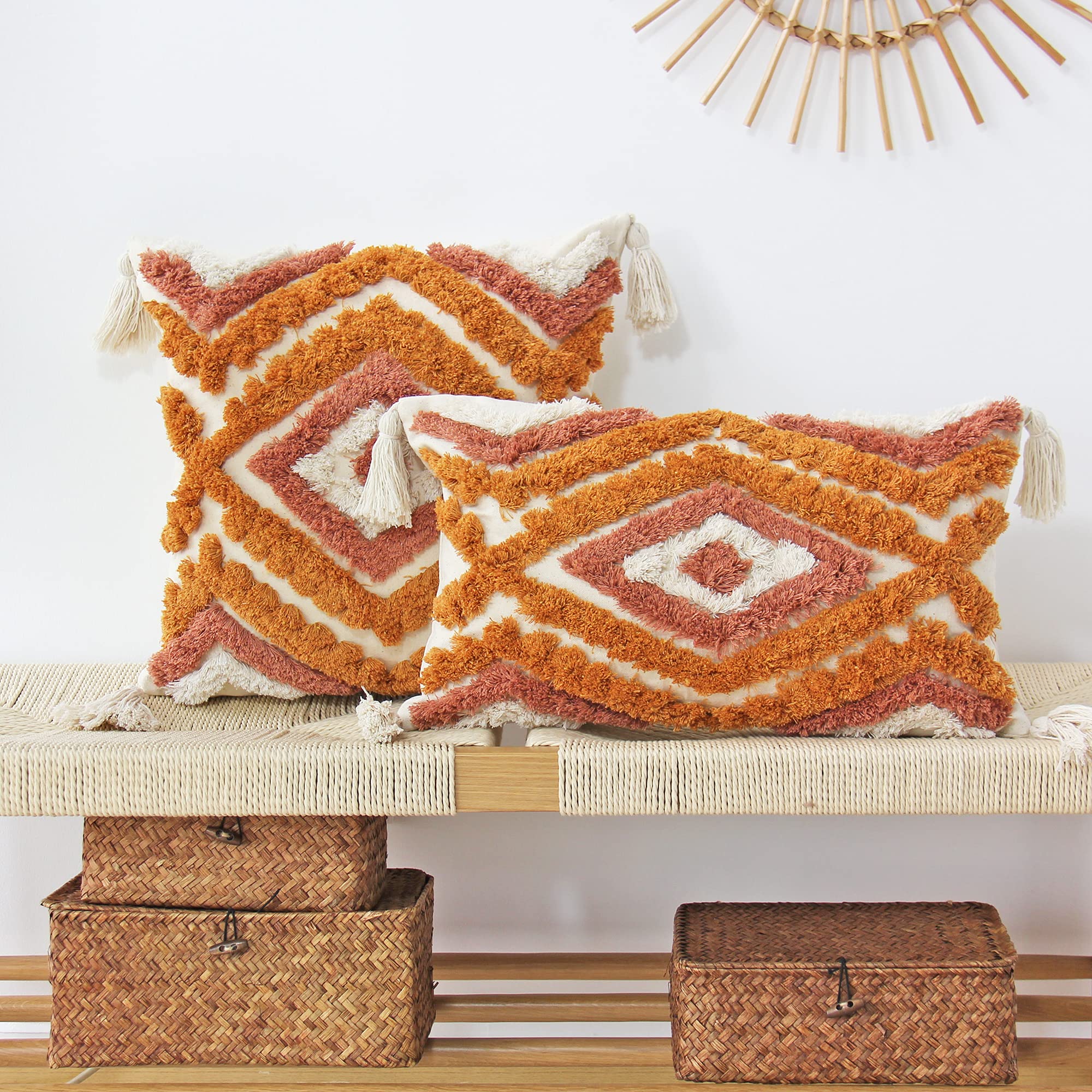 BEDIFANY Kissenbezüge Aus Baumwolle – 2er-Set, 30x50 Cm, Orange & Rot, Boho-Stil
