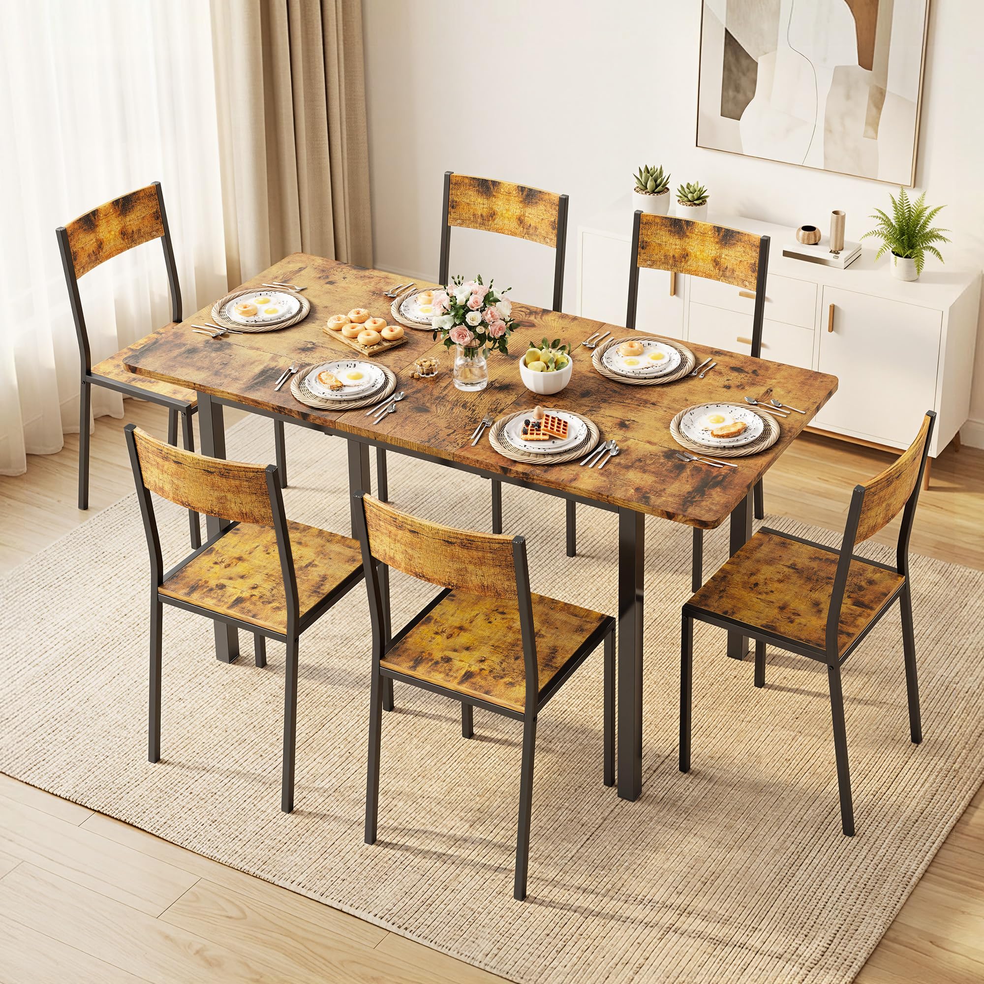 Xbro Ensemble Table à Manger 6 Personnes Extensible avec 6 Chaises, Gain de Place, Structure Métal Stable, Montage Facile, Cuisine Salle à Manger 110–140 cm