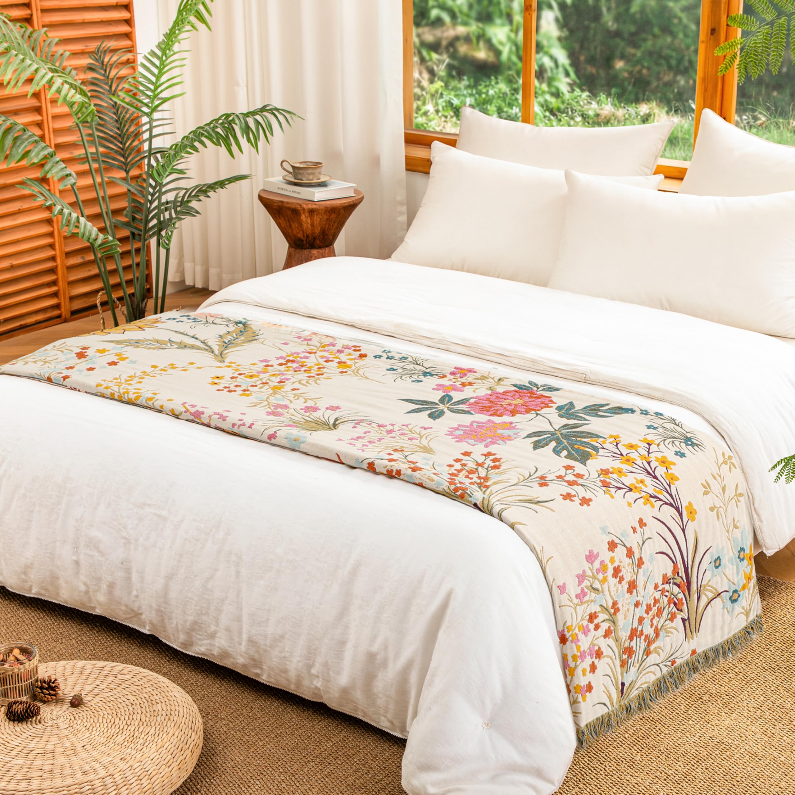 Narzuta w stylu boho z frędzlami, 100% bawełna, dwustronny muślinowy koc 150 x 200 cm, miękki, przytulny koc na sofę, oddychająca, do salonu, sypialni, do użytku przez cały rok